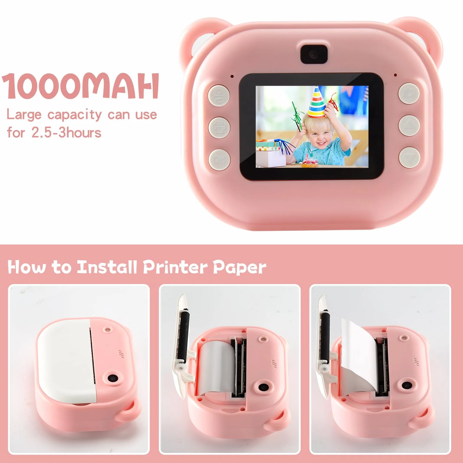 Fotocamera per Bambini per Ragazze e Ragazzi, Fotocamera Giocattolo con Stampa Istantanea per Bambini, dai 3 ai 14 Anni, Fotocamera Digitale per Bambini HD da 32 GB (Rosa)