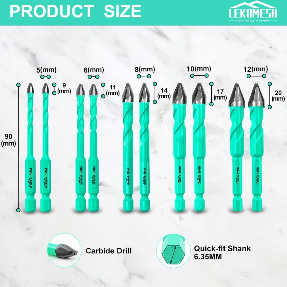 Punte Trapano Carburo 5-12mm Set 10 Pezzi Gres Porcellanato Gambo Esagonale Cambio Rapido