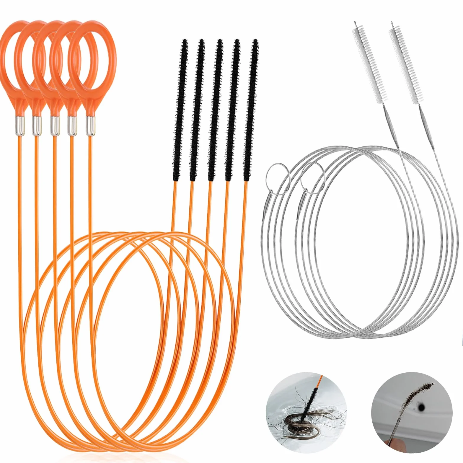 Set da 7 Stura Lavandini e Scarichi, Strumento Rimozione Capelli Serpente 76 cm + Spazzola Pulizia Flessibile 150 cm