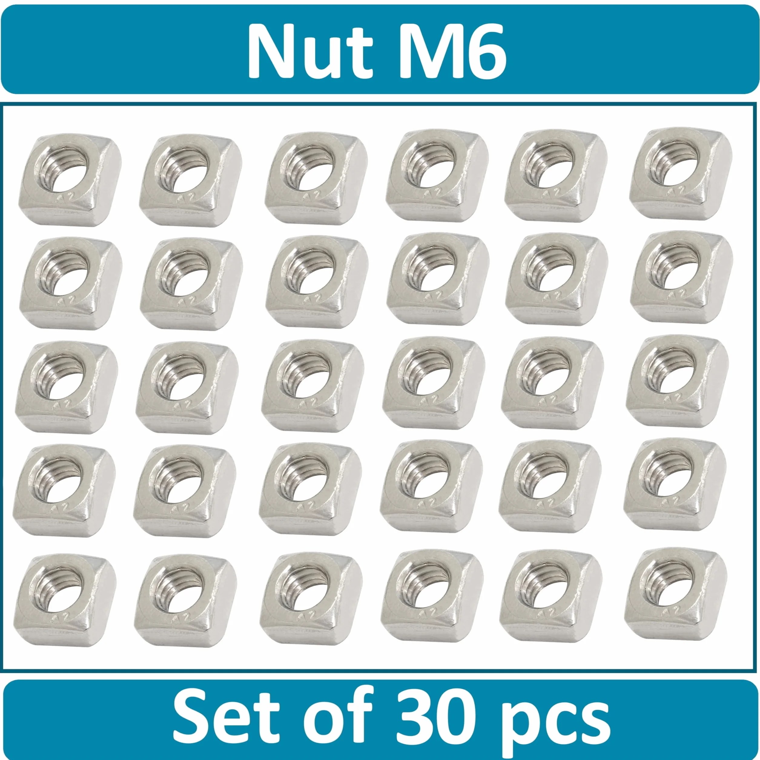 AERZETIX Set di 30 dadi quadrati smussati M6 inossidabili A2