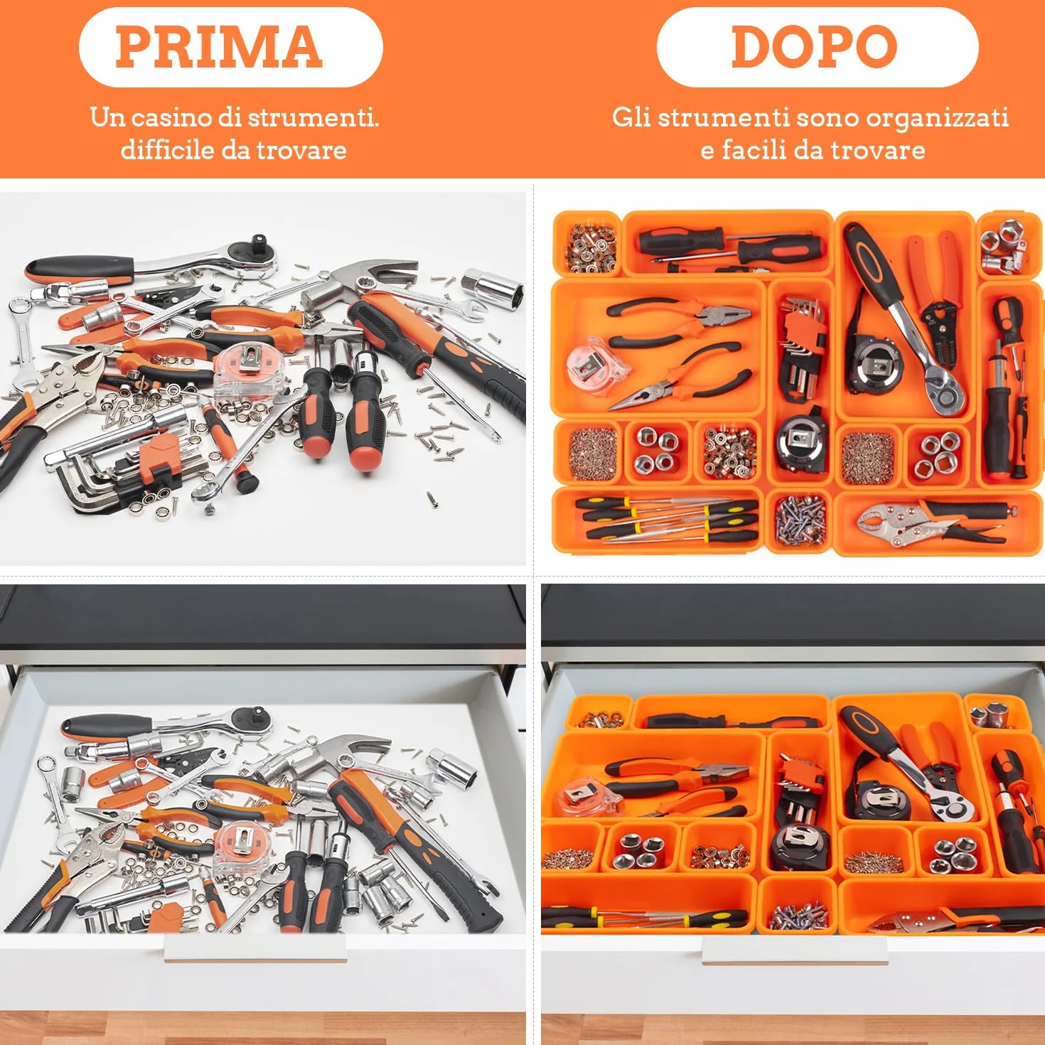 Organizer Cassetta Attrezzi 45 Pezzi con Cassetti, Scatole Portaoggetti Plastica per Viti Minuteria e Carrello - Arancia