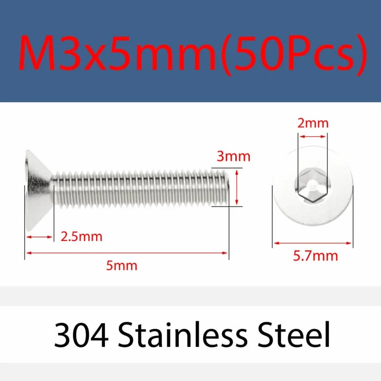 Bulloni a testa svasata M3 x 5mm Acciaio inossidabile 304 50 Pcs Esagonale Tappo presa Vite Testa piatta