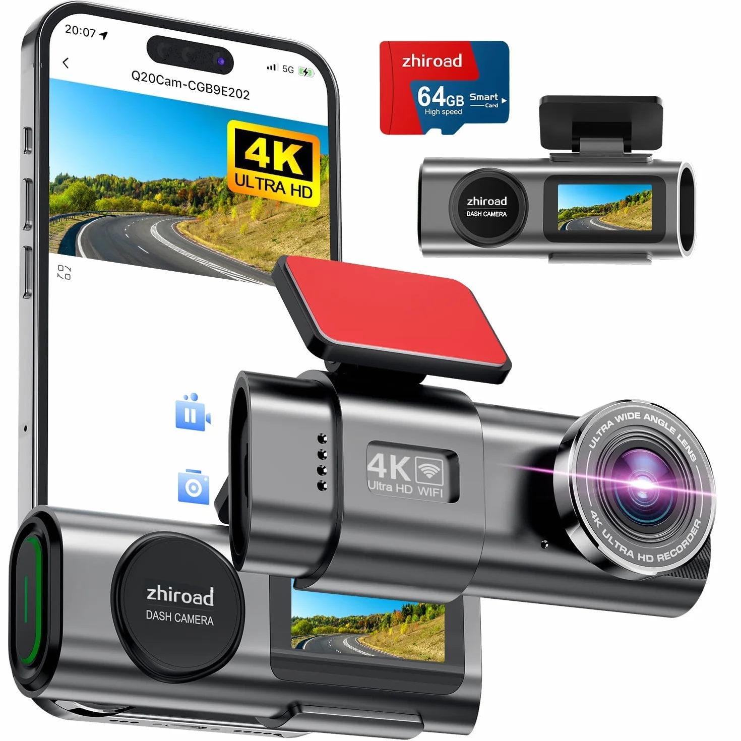 Dash Cam Auto, 4K Dashcam con WiFi & App, Dashcam Auto con 64G Scheda, Telecamera Auto 170°+140°, WDR, Schermo 1,47", Custodia rimovibile, Registrazione in Loop, Visione Notturna (4K)