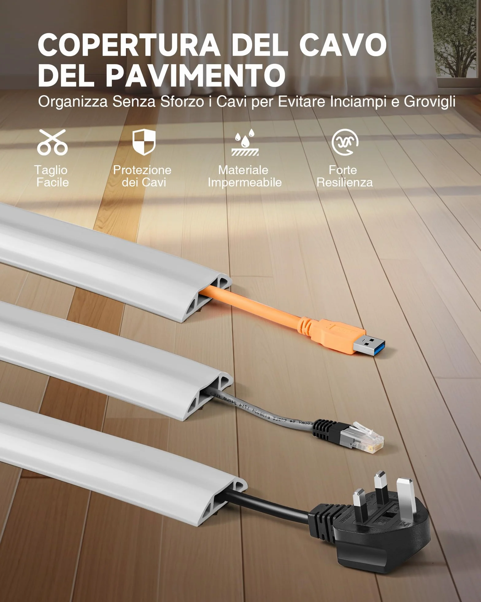 CREWORKS 1.8M Canalina Passacavi Pavimento 3 Canali, PVC Flessibile Calpestabile Adesiva Grigio