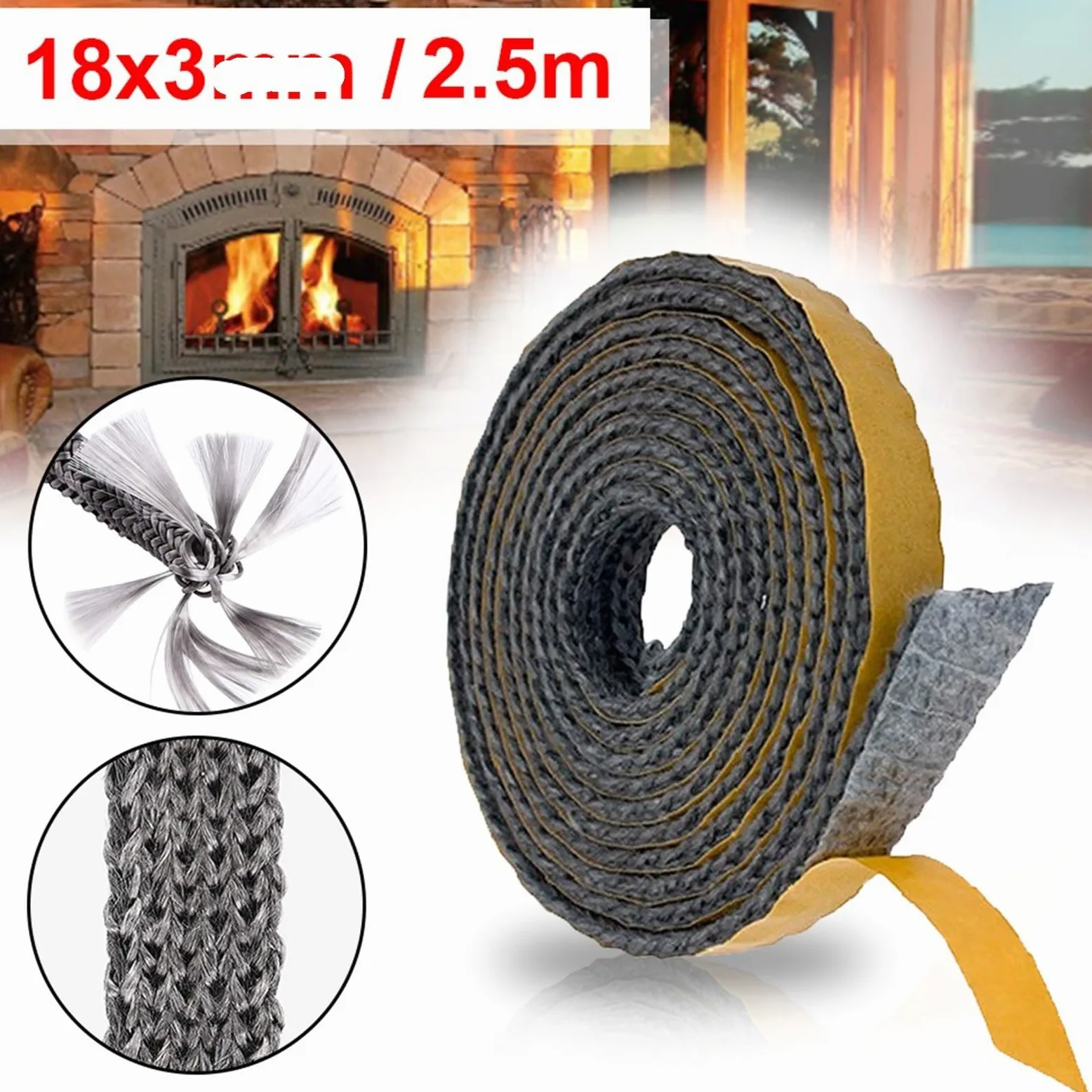 Guarnizione Stufa a Legna Nastro sigillante for camino 18X3.0MM | Guarnizione autoadesiva for stufa for porta camino con corda for focolare aperto da 2,5 m