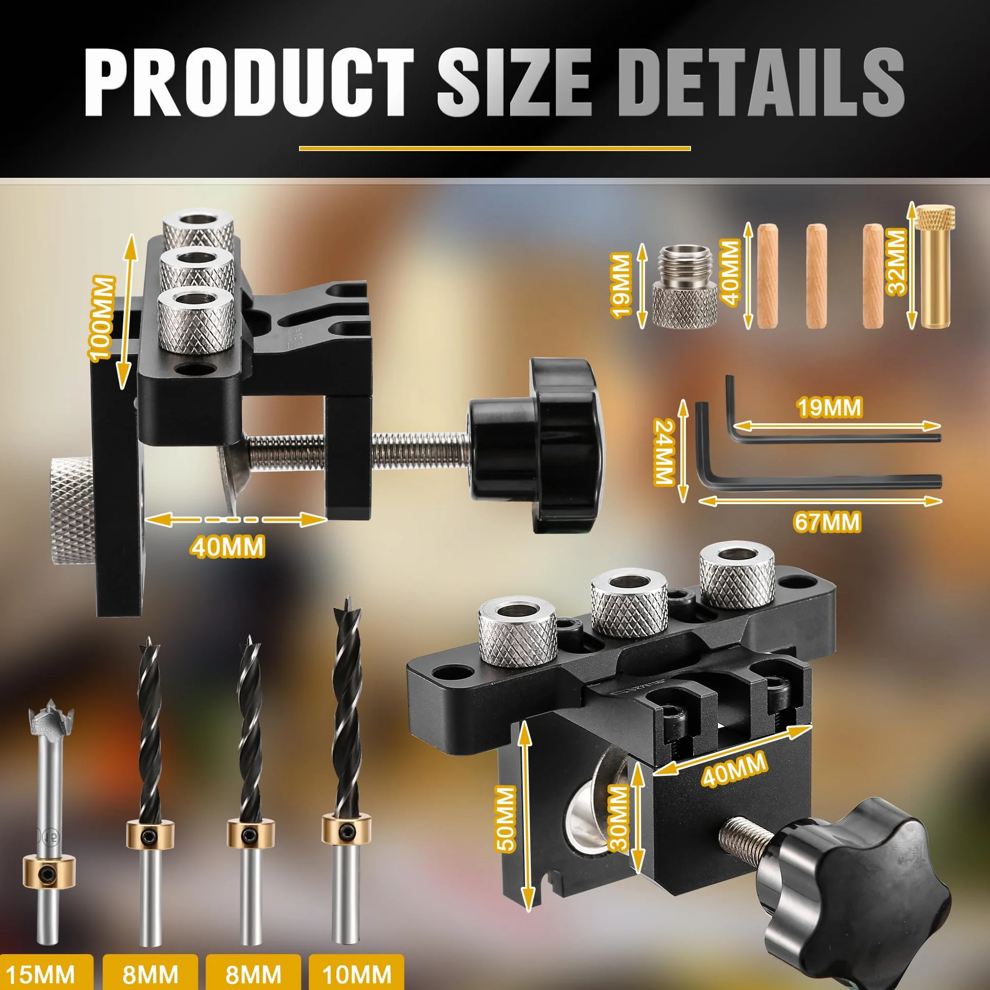 3 in 1 Dima per Tasselli Legno, Set Maschere Fori Tascabili con 8/10/15mm Drill Bit