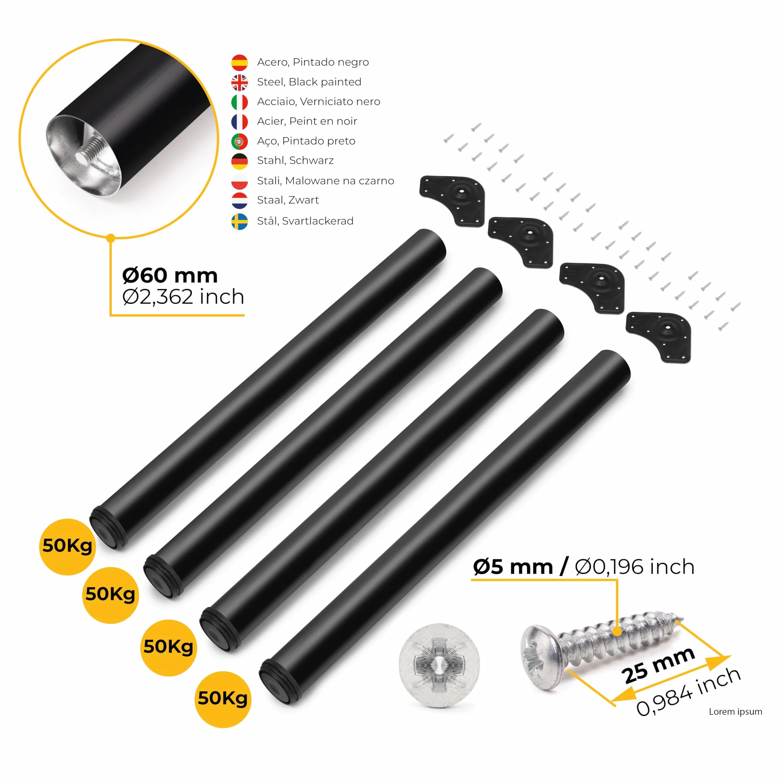 Emuca Gambe regolabili per tavolo acciaio Ø60x710mm altezza regolabile 710-730mm nero kit 4 piedi
