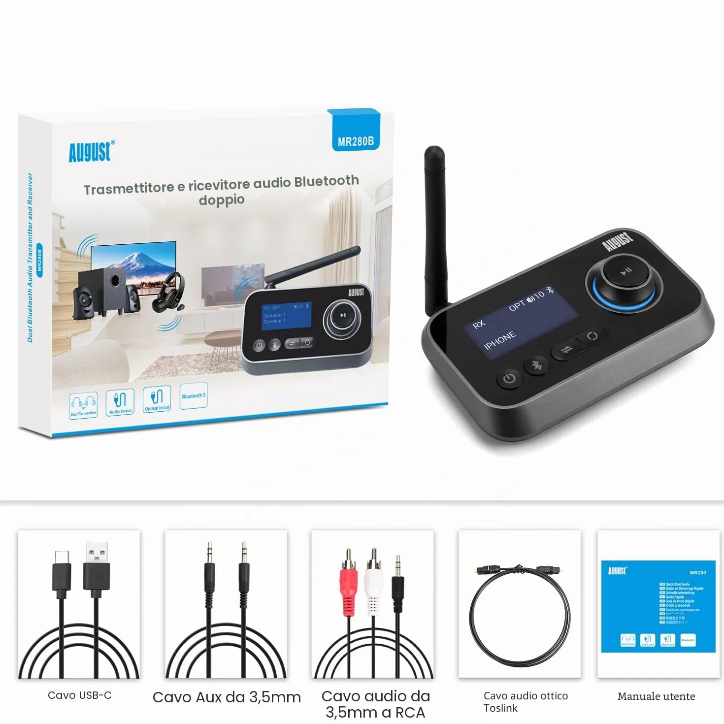 August MR280 Trasmettitore Bluetooth per TV, Trasmettitore Ricevitore Adattatore Bluetooth 5.0 per PC Cuffie, HIFI, Bassa Latenza con Multipunto, Modalità Bypass - AUX Jack RCA Ottico USB-C