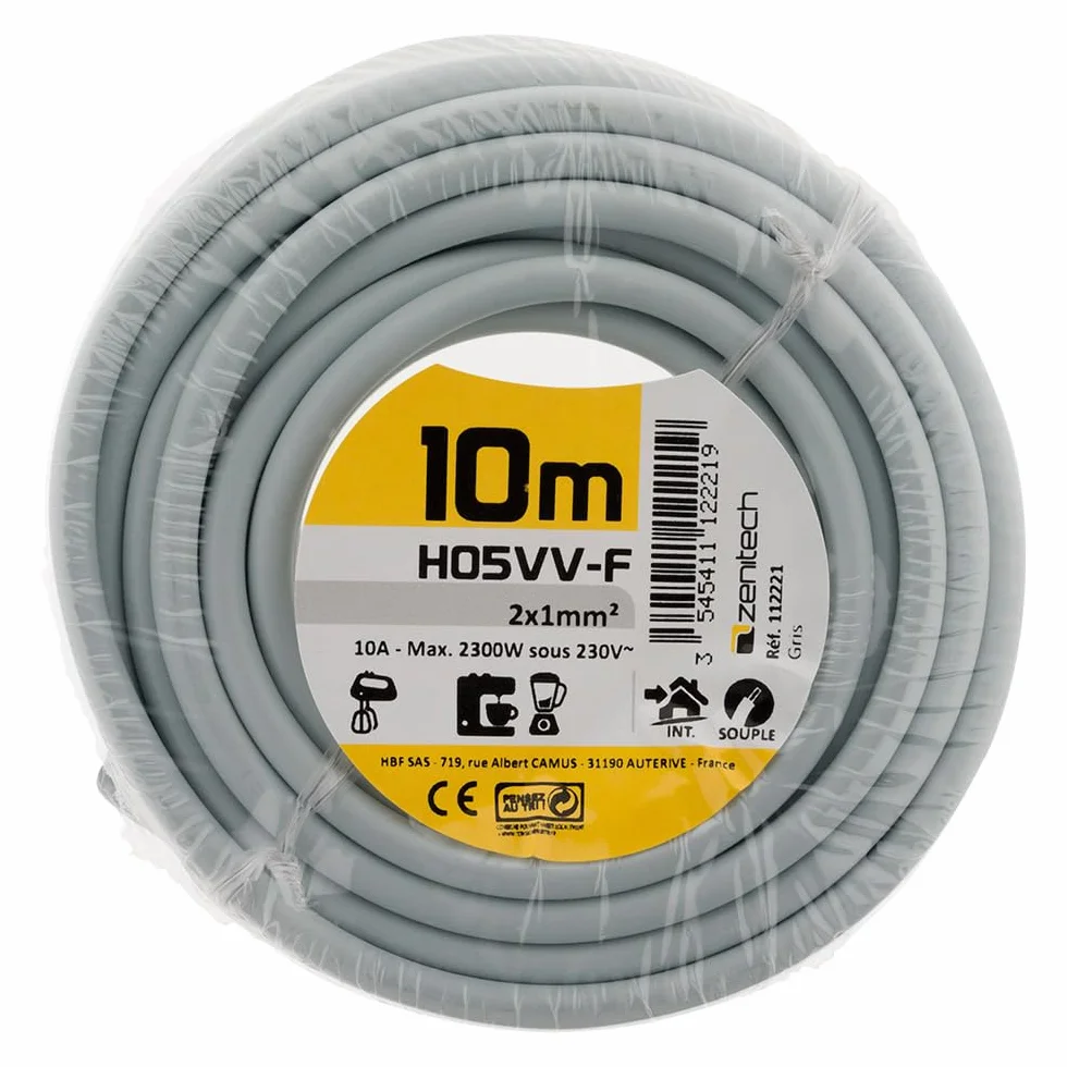 Zenitech - Cavo Di Alimentazione Elettrica H05VV-F 2x1mm² - Adatto Per Apparecchi Elettrodomestici - Resistente All'Abrasion e All'Umidità - Grigio - 10m