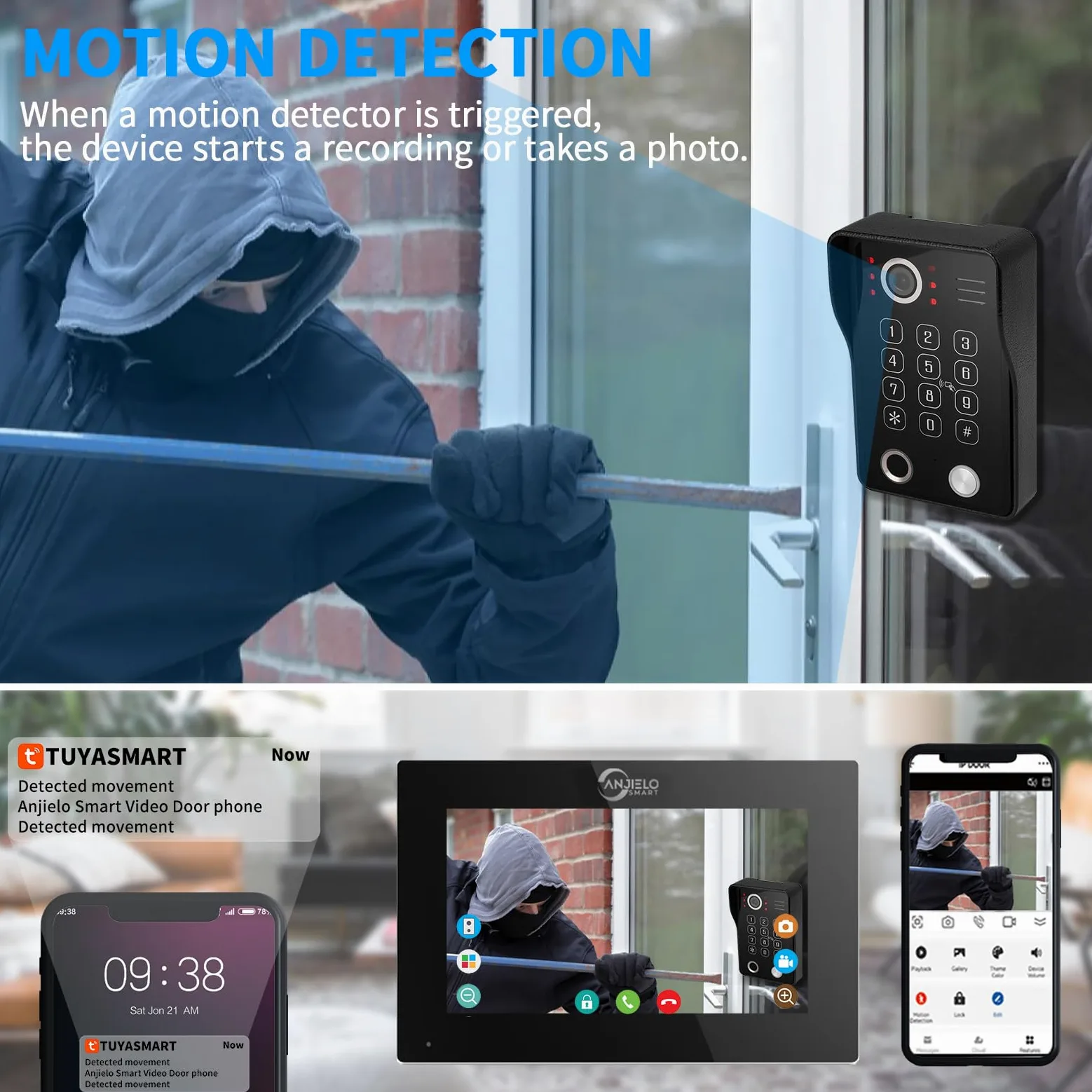 ANJIELO SMART Videocitofono, display touch screen da 7 pollici con sistema telefonico 1080P integrato, sblocco con impronte digitali, scheda RFID e codice PIN e rilevamento dei movimenti umani, 94218