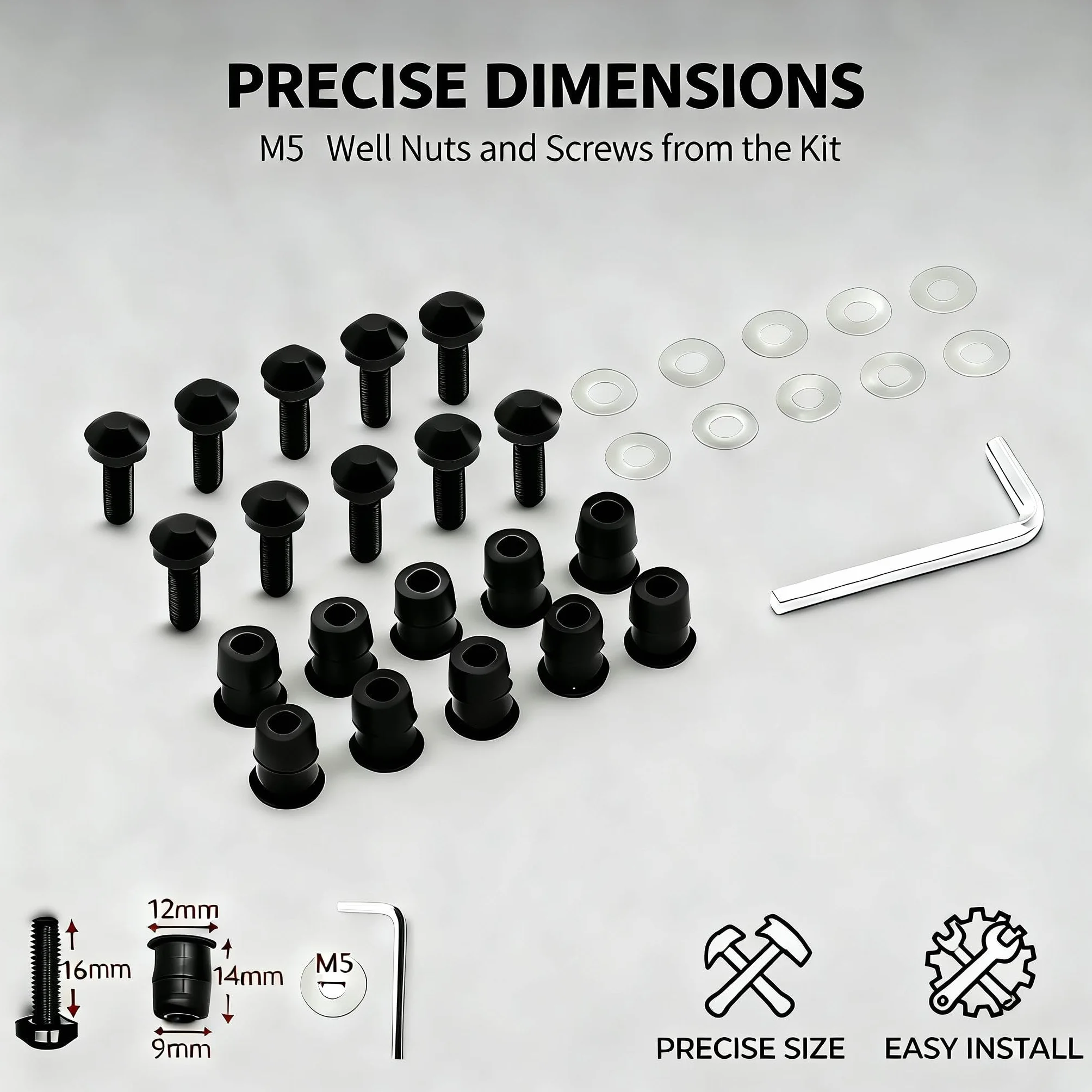 Kit Fissaggio Moto M5 10 Pezzi Viti Alluminio Dadi Gomma Rondelle Trasparenti Set Parabrezza Carene Antivibranti Chiave Brugola