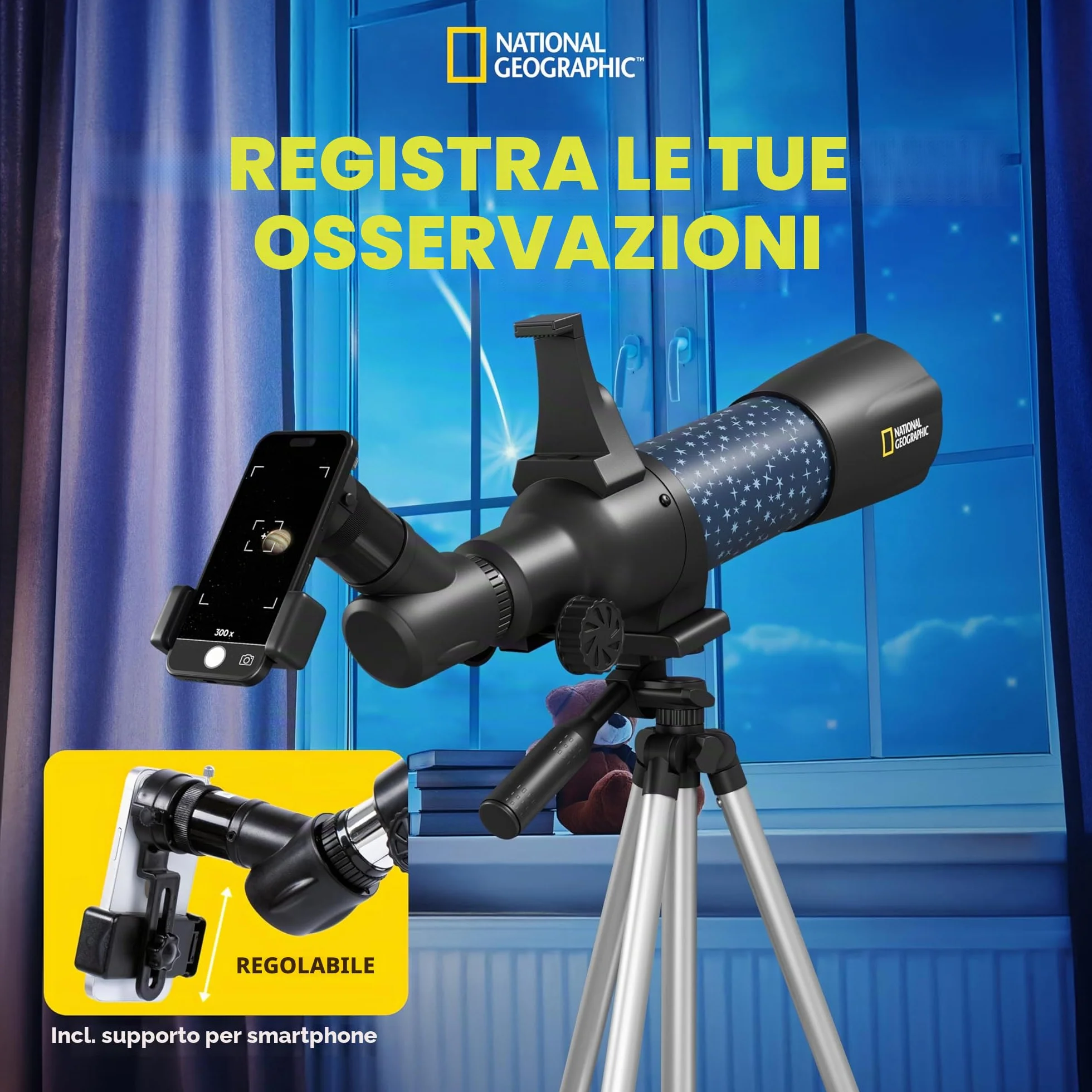National Geographic smartes AR - Telescopio per bambini con treppiede, zaino, supporto per smartphone e app di realtà aumentata