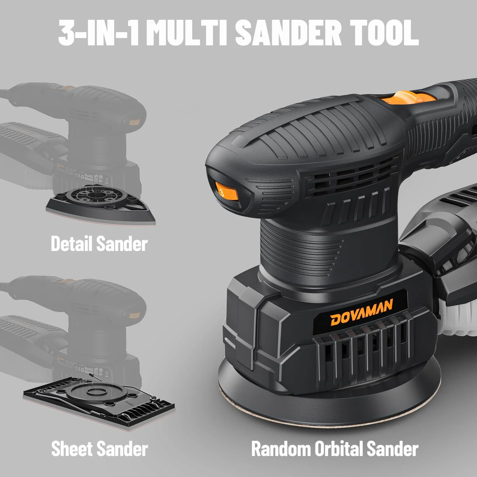 DOVAMAN ROS06A Levigatrice Multifunzione 3-in-1 200W 6 Velocità per Legno e Acciaio