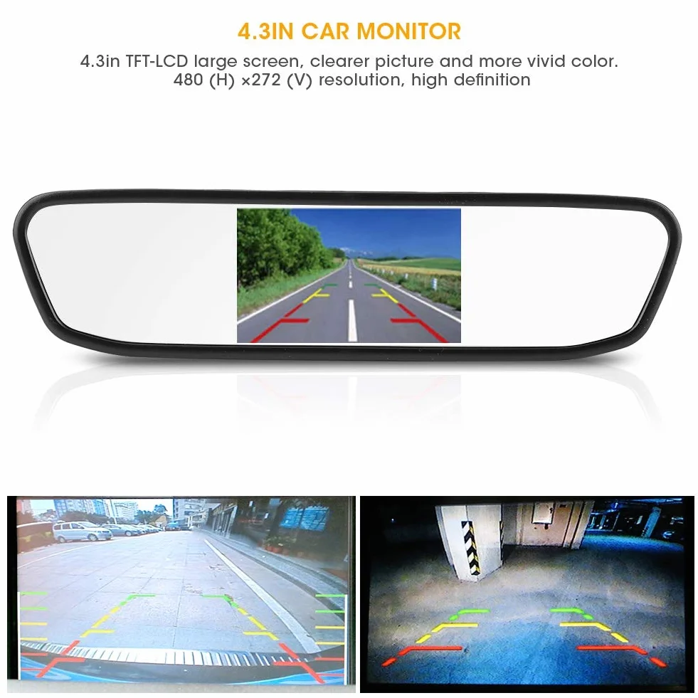 Monitor per Telecamera per Specchietto Retrovisore, Monitor per Specchietto Retrovisore per Auto da 4,3 Pollici Schermo LCD TFT HD Ingresso Video a 2 Canali