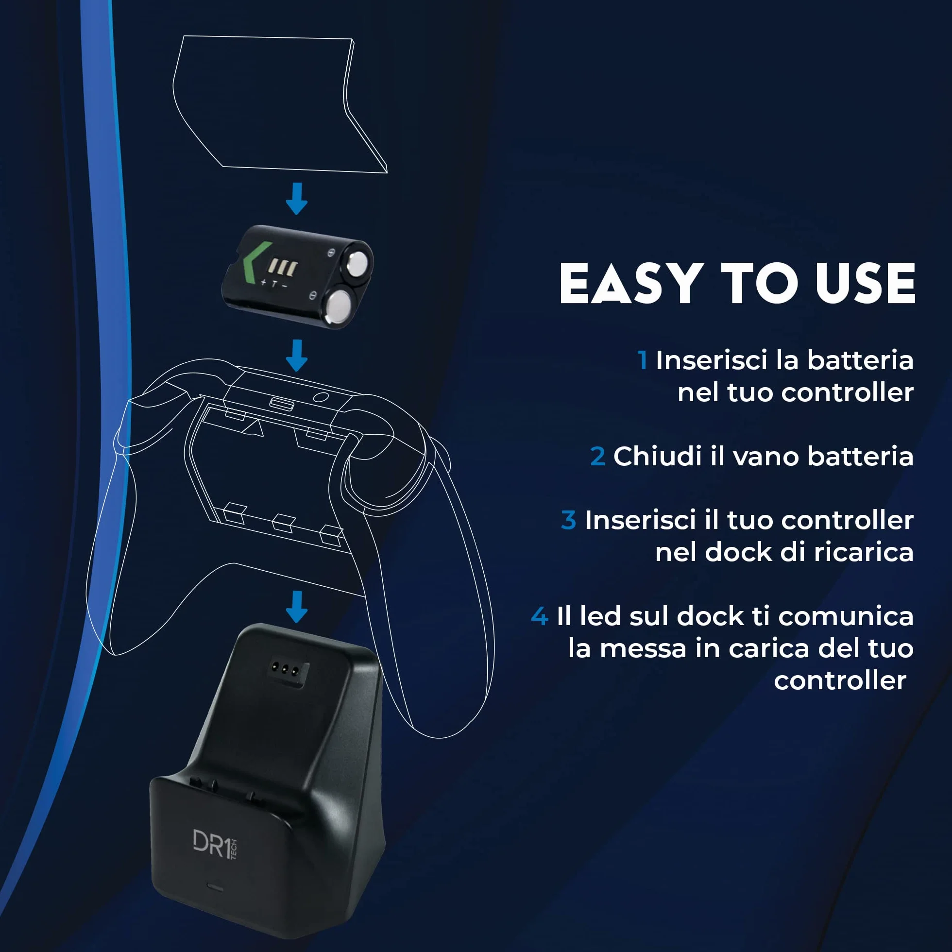 DR1TECH PowerSetX Stazione di Ricarica Rapida per Controller XBOX One X/S, Series X/S + Batteria 1200 mAh - Accessori per XBOX (Controller NON Incluso) [Amazon Exclusive]