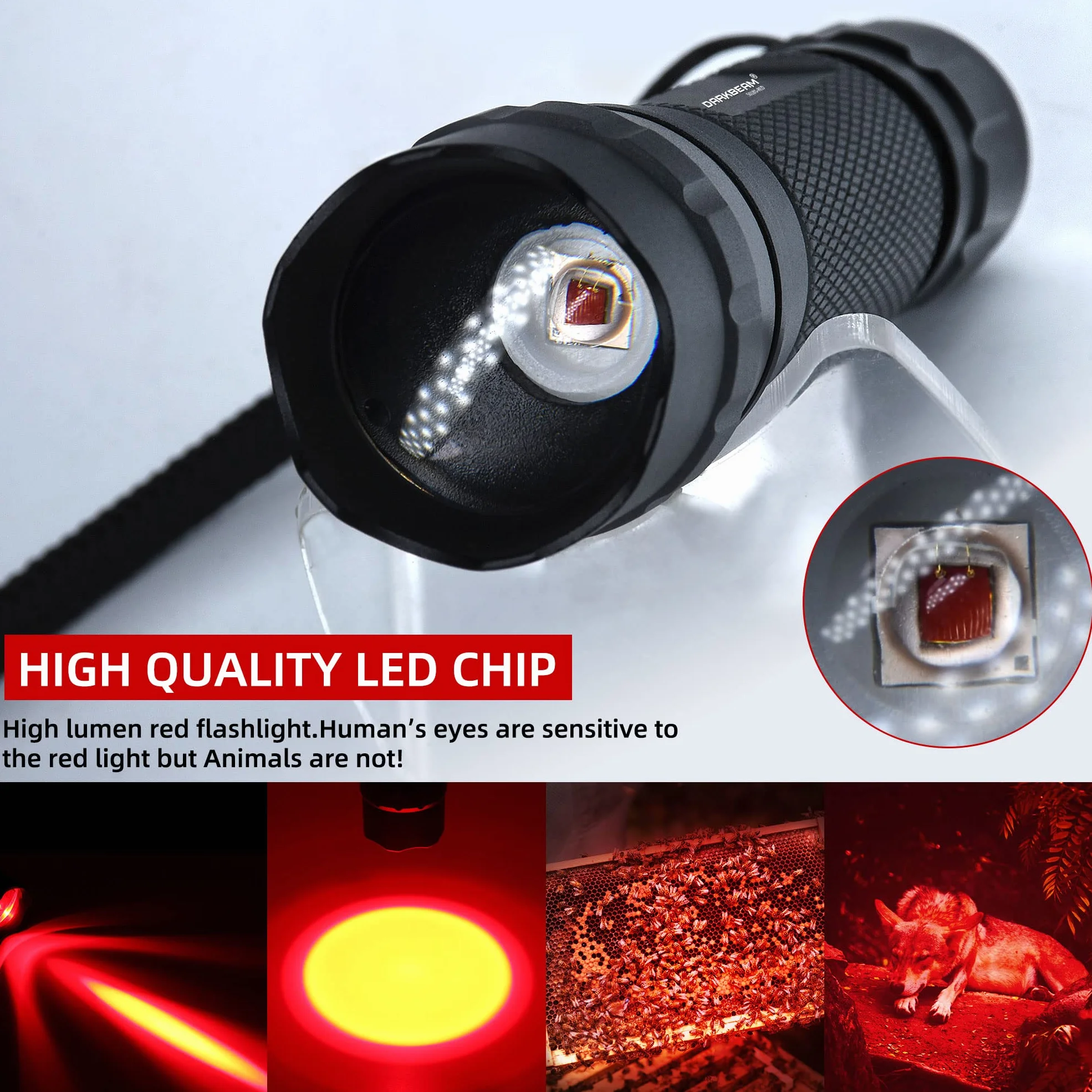 DARKBEAM Torcia a luce rossa luminoso LED USB ricaricabile, Torce rossa portatile zoom per caccia notturna, osservazione, pesca, astrofotografia, osservazione delle stelle, soccorso, con clip