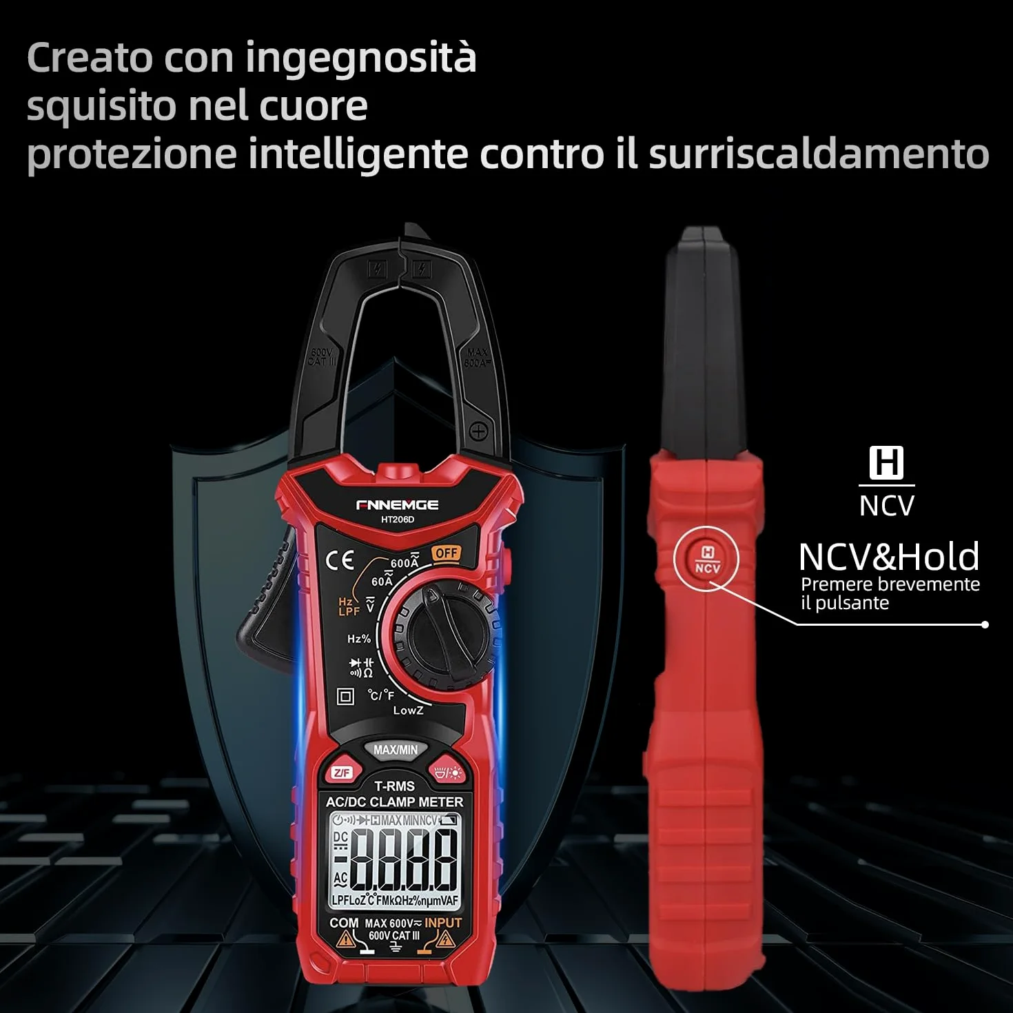 FNNEMGE HT206D - Pinza amperimétrica, Misuratore di Corrente DC/AC: 0-600A, Multimetro a pinza True-RMS 6000 Counts auto-Classificazione, Misura la Capacità di Passaggio (Corrente AC/DC)