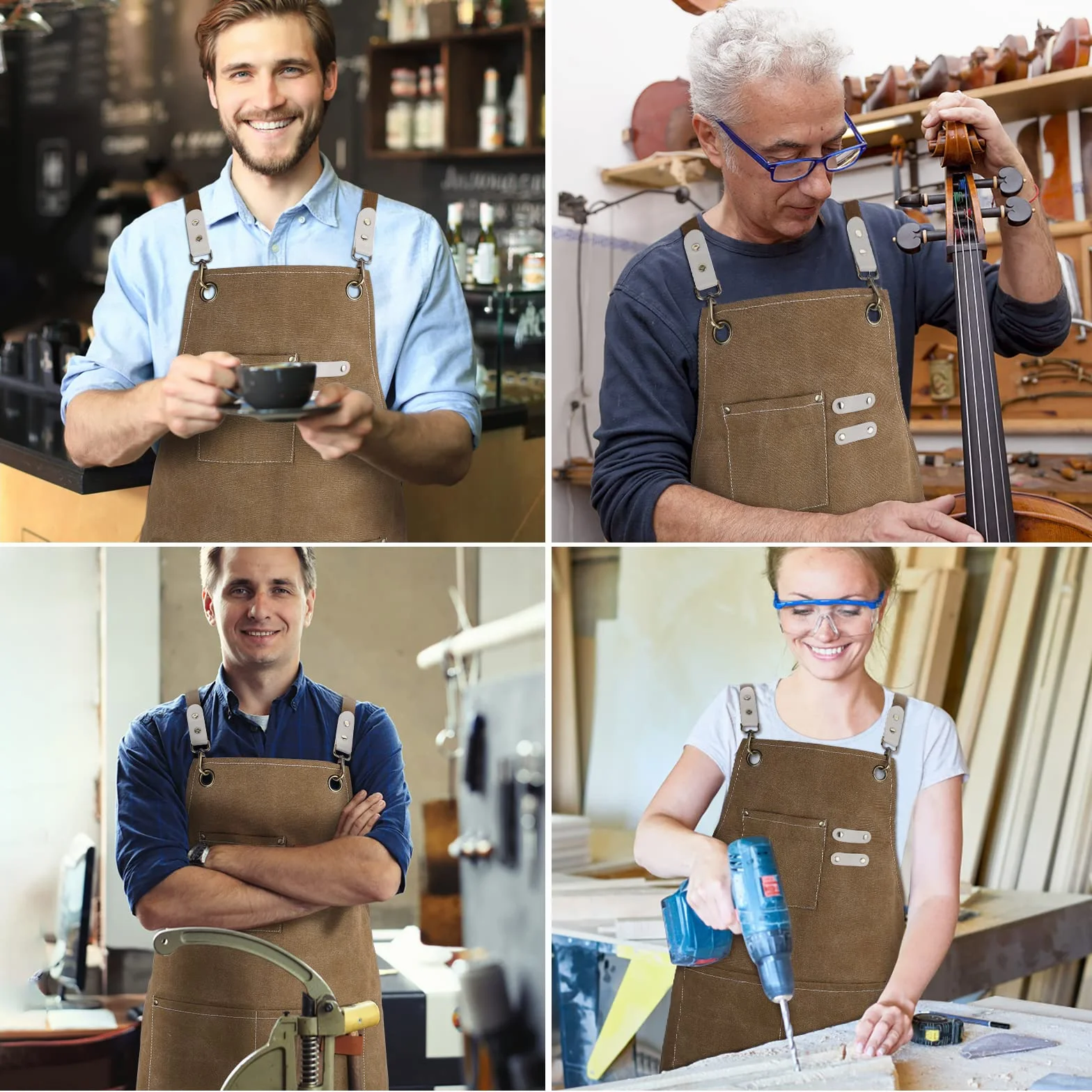 Grembiule da Lavoro Uomo in Tela, Grembiule Donna Durevole di Tela con 4 Tasche per Falegname Tatuatore Fabbro Pittore Barista, Design a Tracolla, Adatto per Casa Lavoro Campeggio all'Aperto-Nero