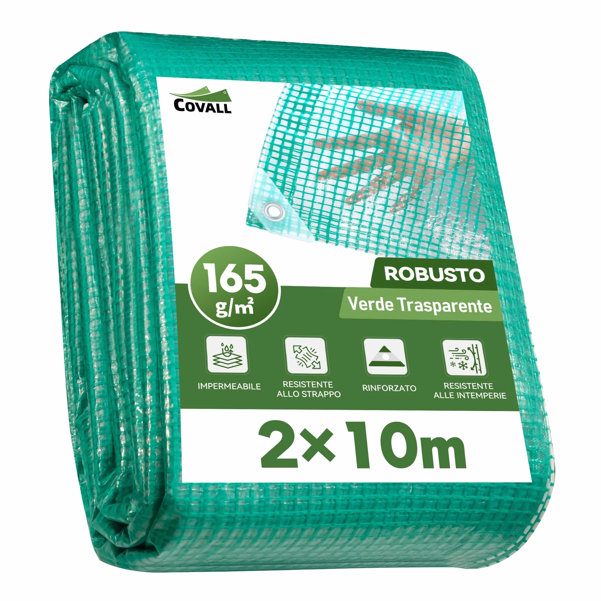 Telone Rinforzato con Occhielli in Metallo, Impermeabile e Antistrappo per Esterno, Giardino e Terrazzo 165g/m² Verde Trasparente 2x10 m