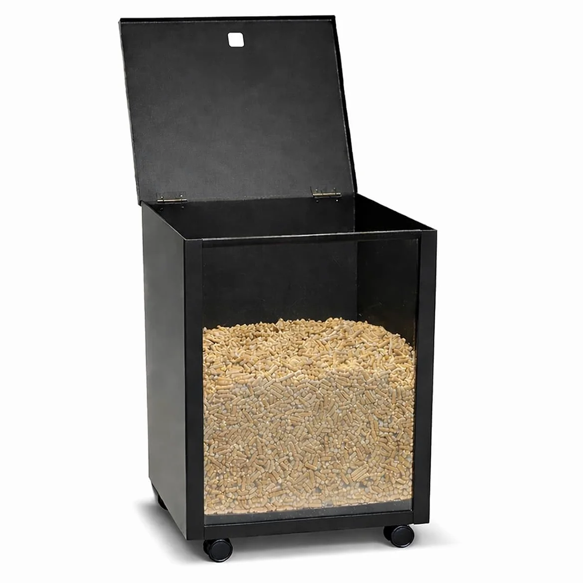 MS Beschläge Pellet Box in metallo nero con ruote e parabrezza, contenitore mobile per pellet con coperchio, per stufa a pellet e camino, robusto carrello a pellet per pellet di legno fino a 35 kg