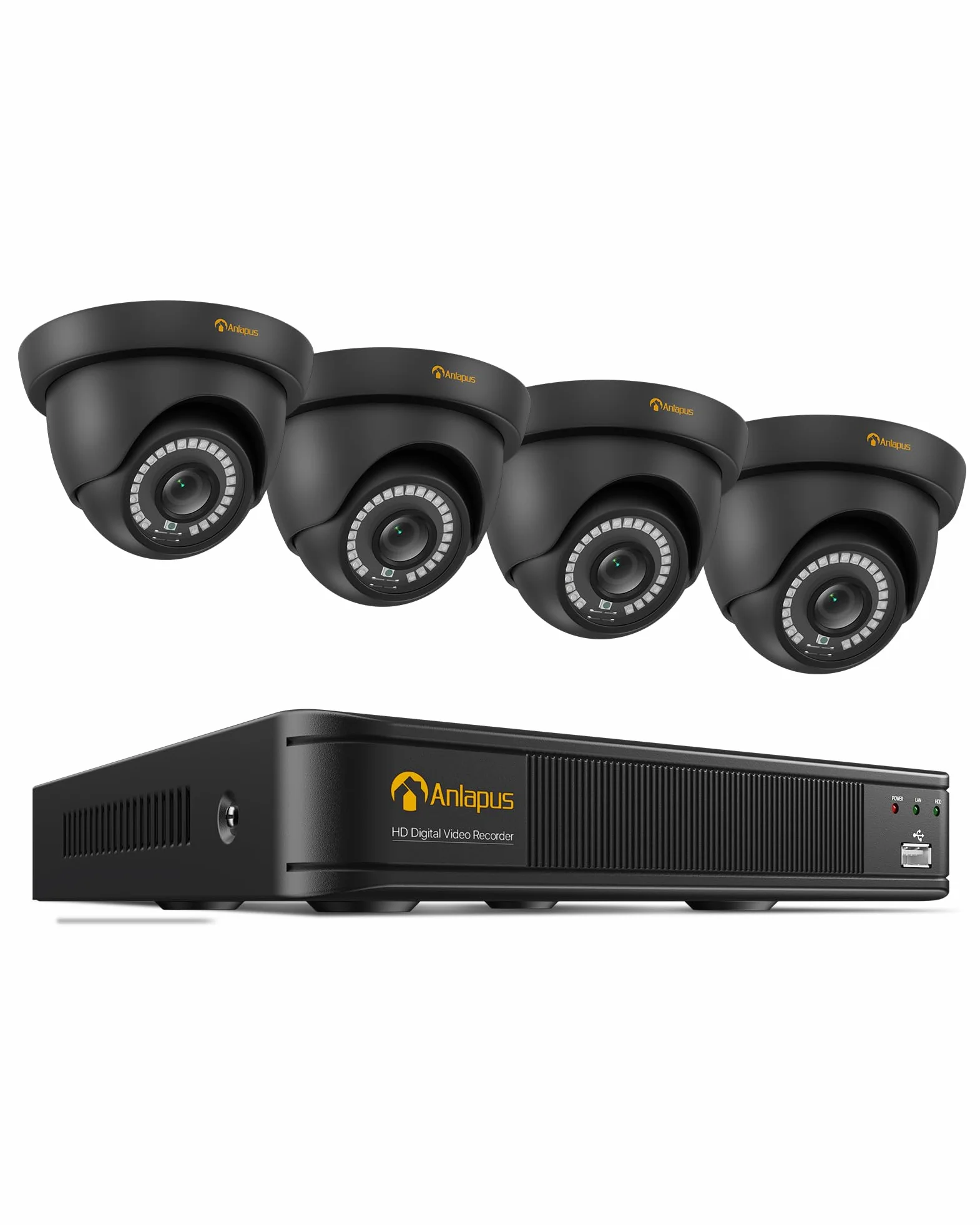 Anlapus 1080P Sistema di Sorveglianza Esterno 8CH Videoregistratore DVR con 4 Videocamere di Sicurezza Impermeabile, senza Disco Rigido, Visione Notturna, Allarme di Movimento | Rilevamento AI di Persone e Veicoli, Impermeabile IP66, Visione Notturna IR