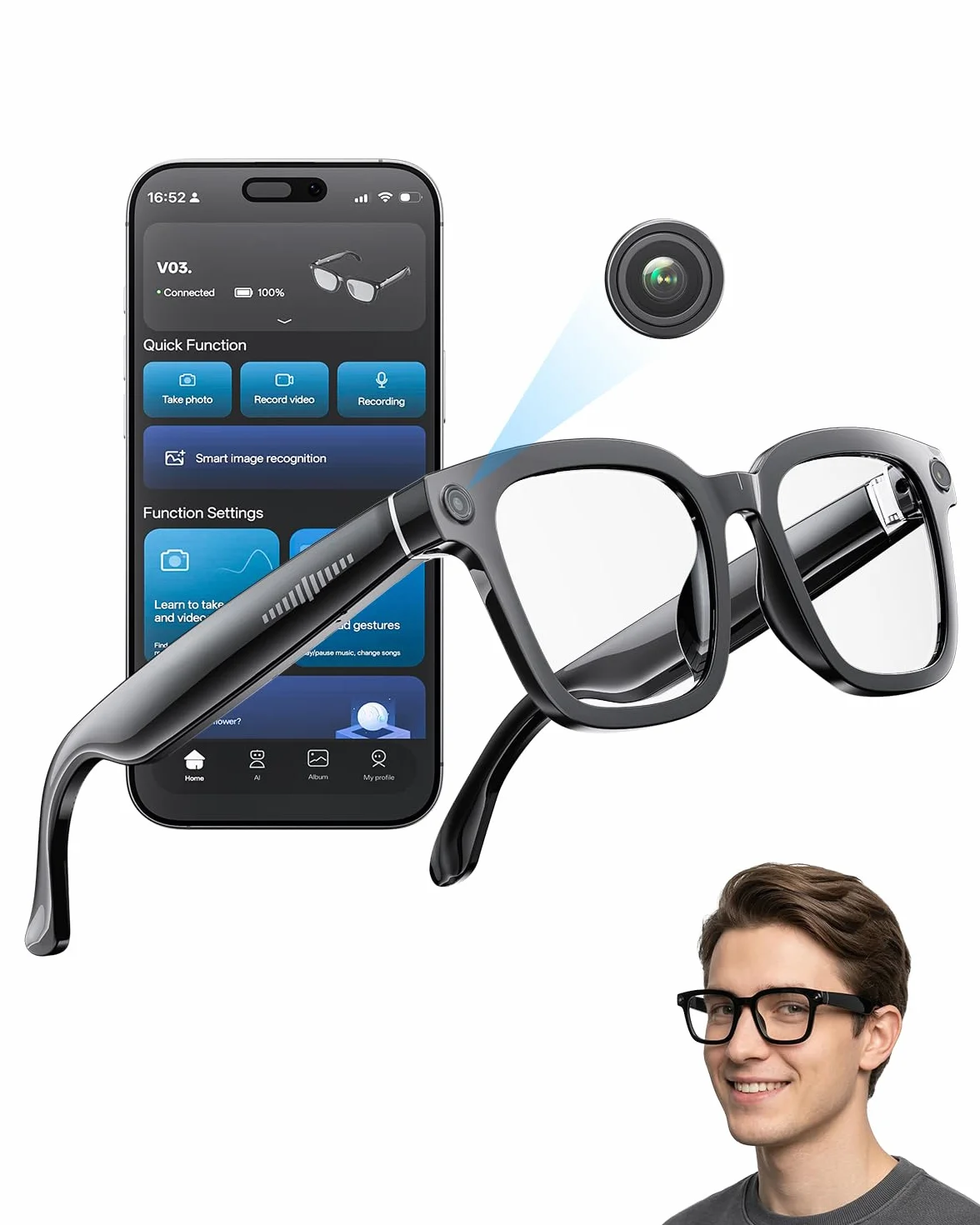Occhiali Intelligenti Con Fotocamera e Bluetooth, 8 MP, 32 GB, HD 1200p, Con Funzionalità di Registrazione Foto/Video/Audio, Traduzione in Tempo Reale, Assistente Vocale e Riconoscimento Degli Oggetti