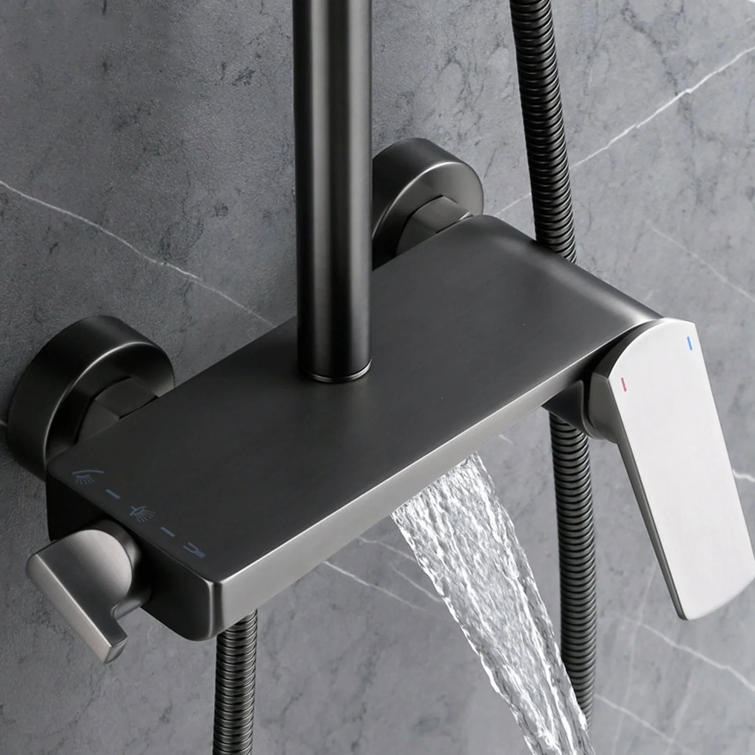 Kit Doccia a Muro con Soffione Rettangolare Miscelatore Cascata e Doccetta | Grigio Canna di Fucile Nucleo Della Valvola in Ceramica, Distanza Dei Fori Regolabile Da 13,5 a 16,5cm