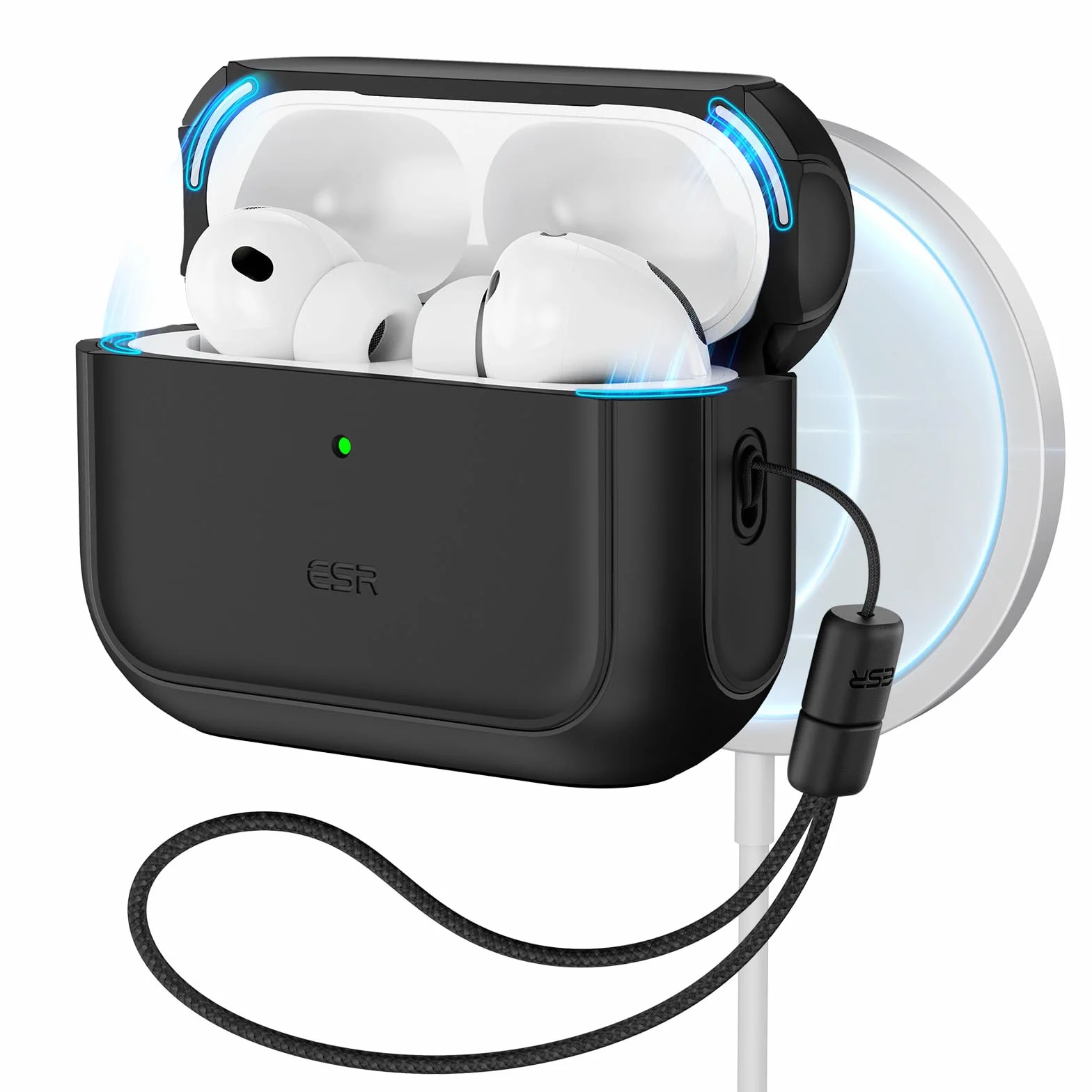 ESR Custodia per AirPods Pro 3, Compatibile con la custodia AirPods Pro di 3a Gen (2025), Compatibile con MagSafe, Protezione completa contro le cadute, Cordino incluso, Nero