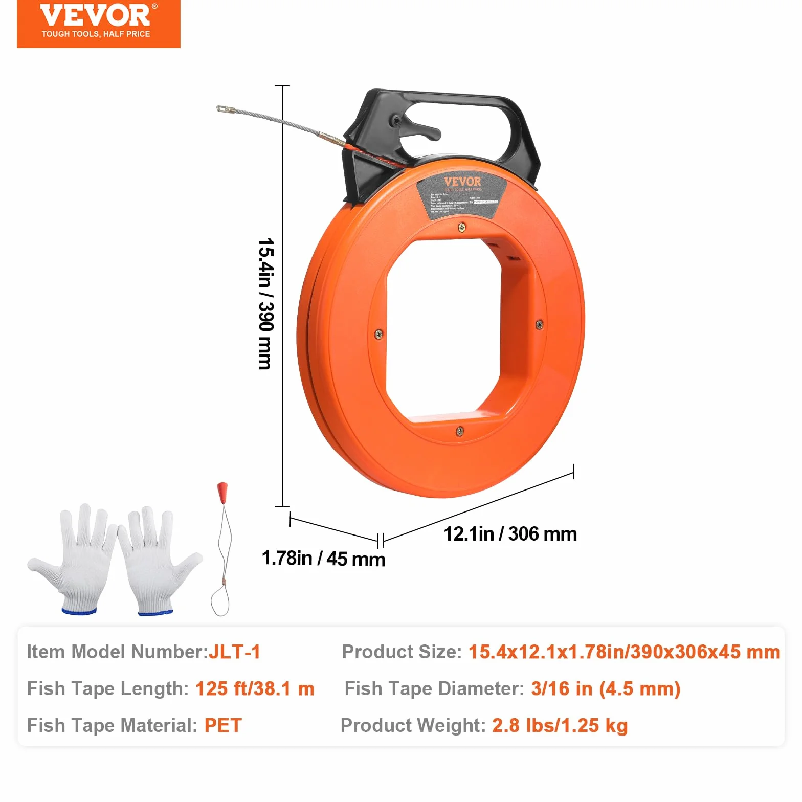 VEVOR Ago da Elettricista 38,1m Estrattore per Cavo Elettrico Estrattore per Cavo Flessibile da 4,5 mm con Custodia in Plastica Guanti con Manico Resistente da Parete Condotti Elettrici Non Conduttivi