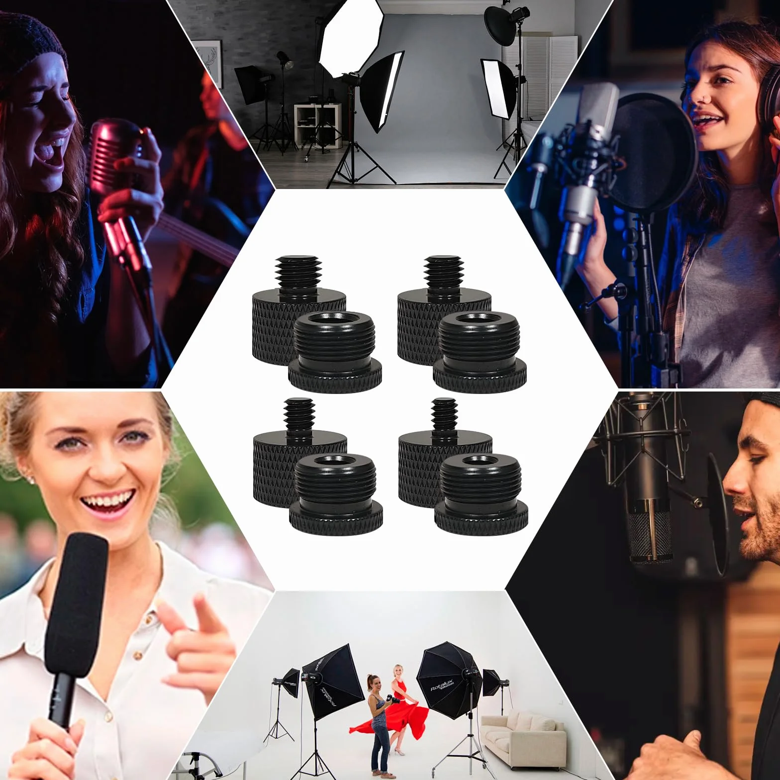8 pezzi a 5/8to3/8, 3/8to5/8, 5/8to1/4, 1/4to5/8 femmina x filettatura maschio per supporto microfono a adattatore treppiede fotocamera