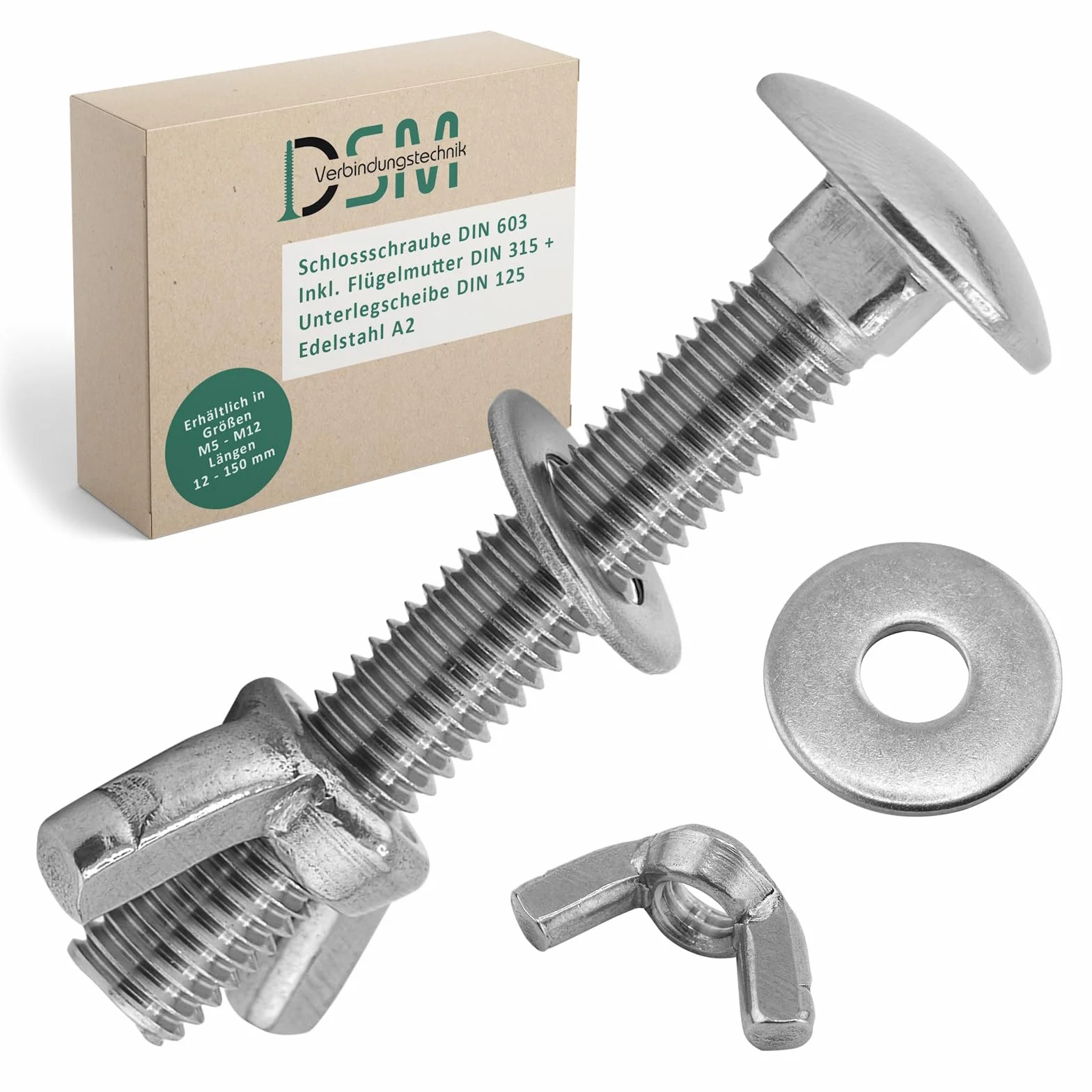 Dado ad alette M6 DIN 315 Viti a testa tonda M6 x 60 mm DIN 603 Acciaio inox A2/V2A 2 pezzi
