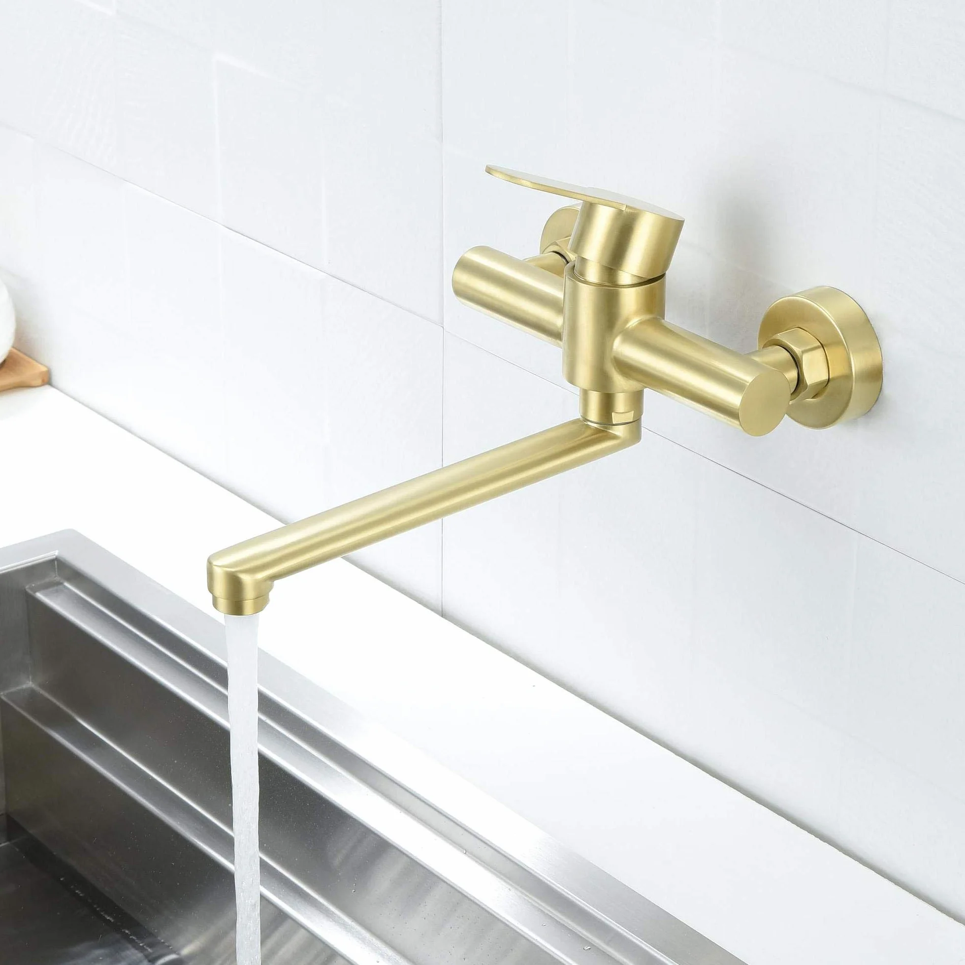 HomeLava Rubinetto oro spazzolato, Rubinetto cucina a muro, Miscelatore monocomando girevole a 360°， Acciaio inossidabile 304, Tubo rotante 23cm