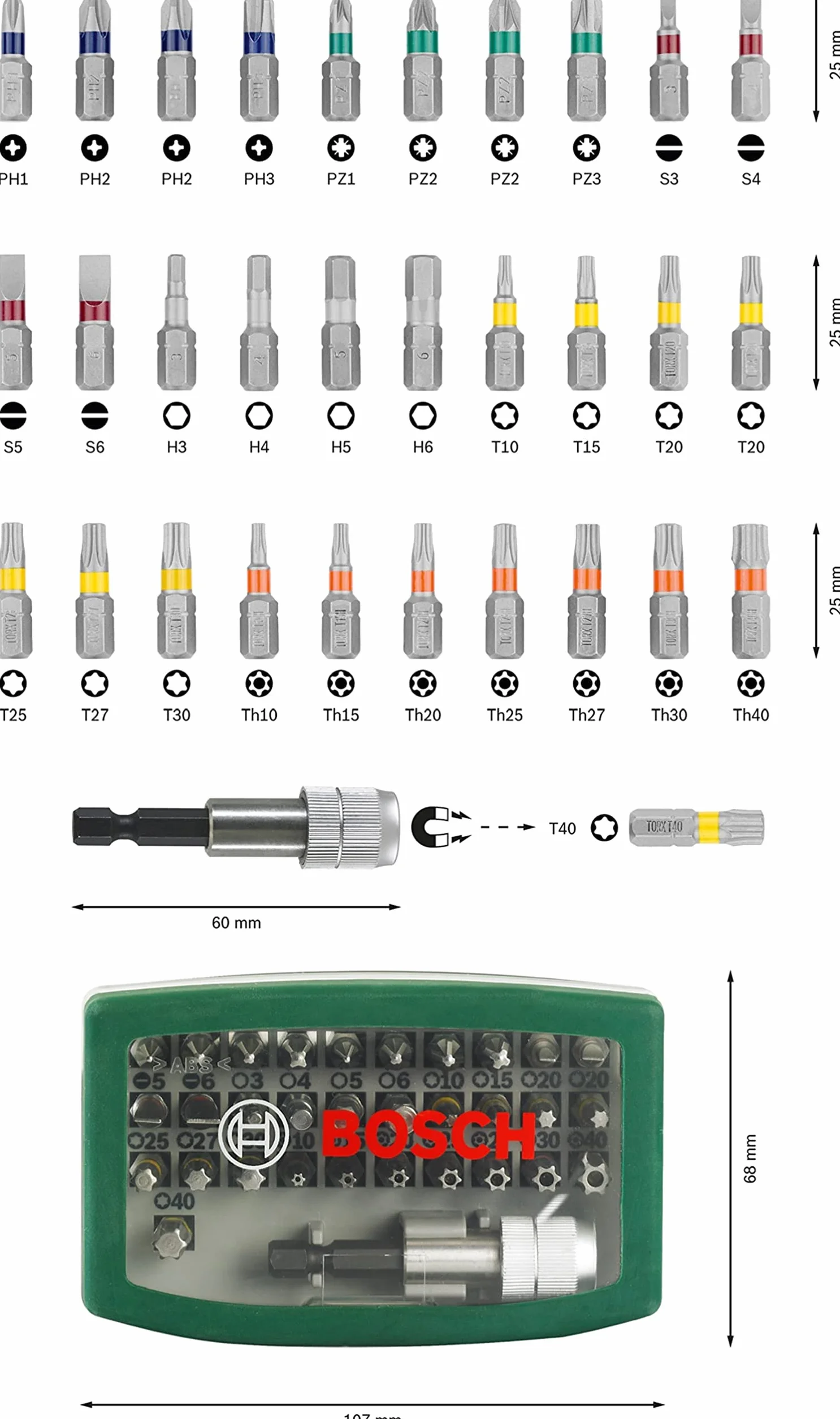 Bosch Rainbow Set 32 Inserti Avvitamento, Verde