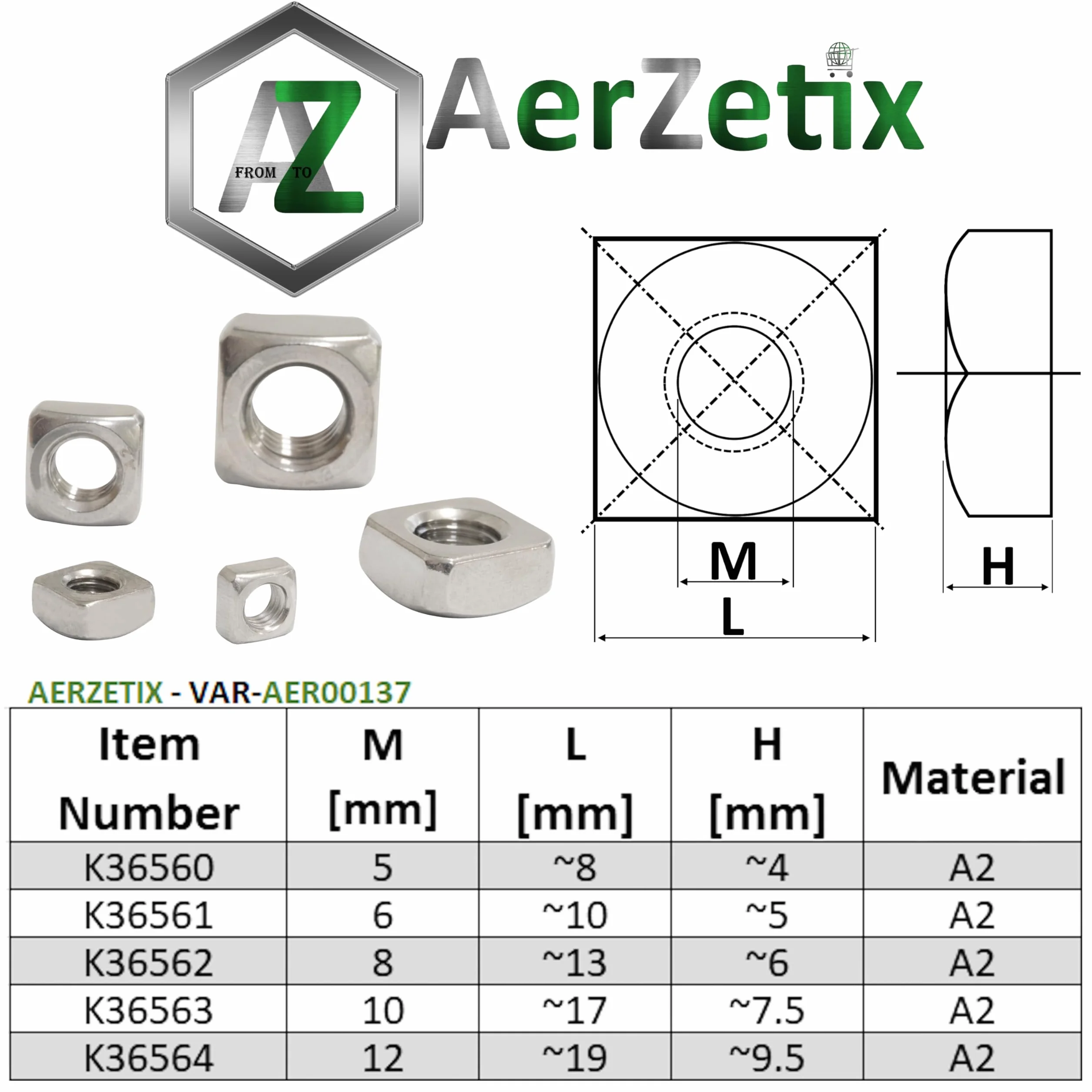 AERZETIX Set di 30 dadi quadrati smussati M6 inossidabili A2