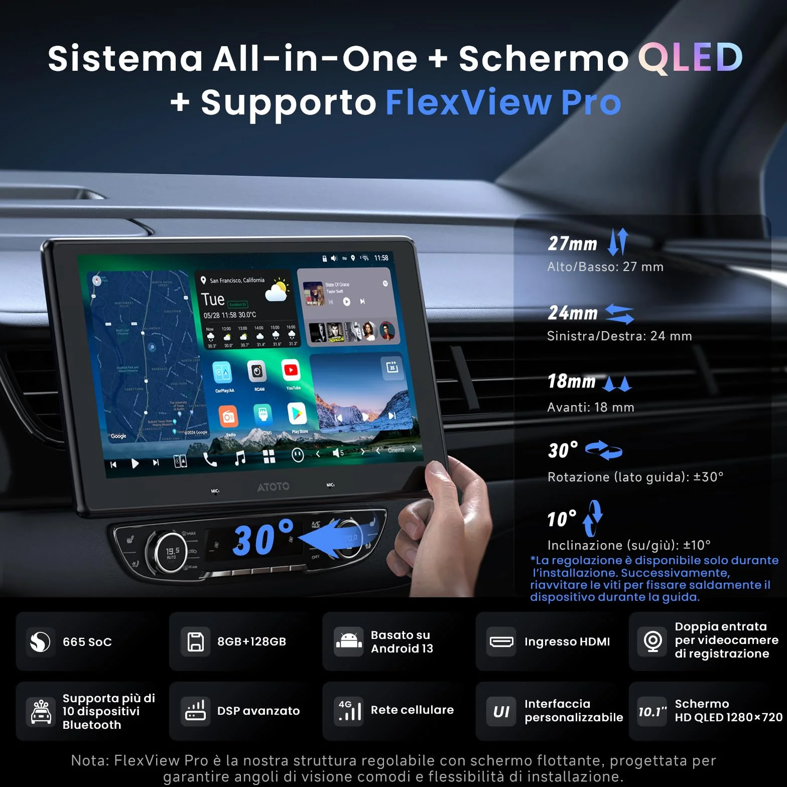 ATOTOZONE X10 10" Autoradio Android, Schermo Flottante, 1 DIN / 2 DIN, AI Agent & AI Vision, LiveView Re-moto, Sorveglianza Parcheggio, 4G LTE, 8G+128G, Audio 7.1.2 ch,CarPlay & Android Auto Wireless