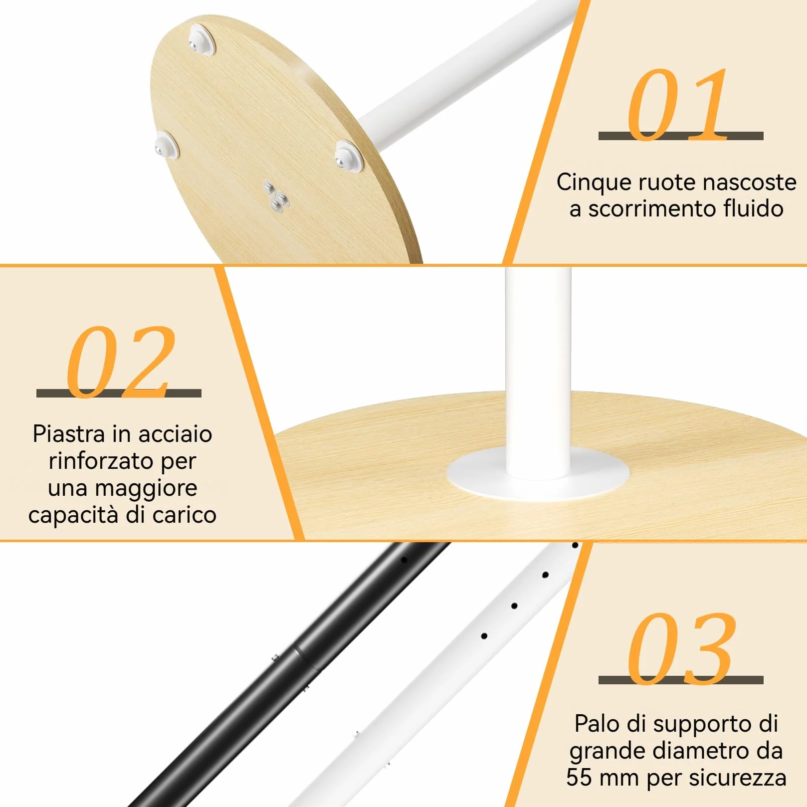 Supporto TV da Pavimento con Ruote Nascoste Legno Base per 40-75 Pollici Peso Max 50kg Max VESA 600x400mm, Regolabile in Altezza, Bianco