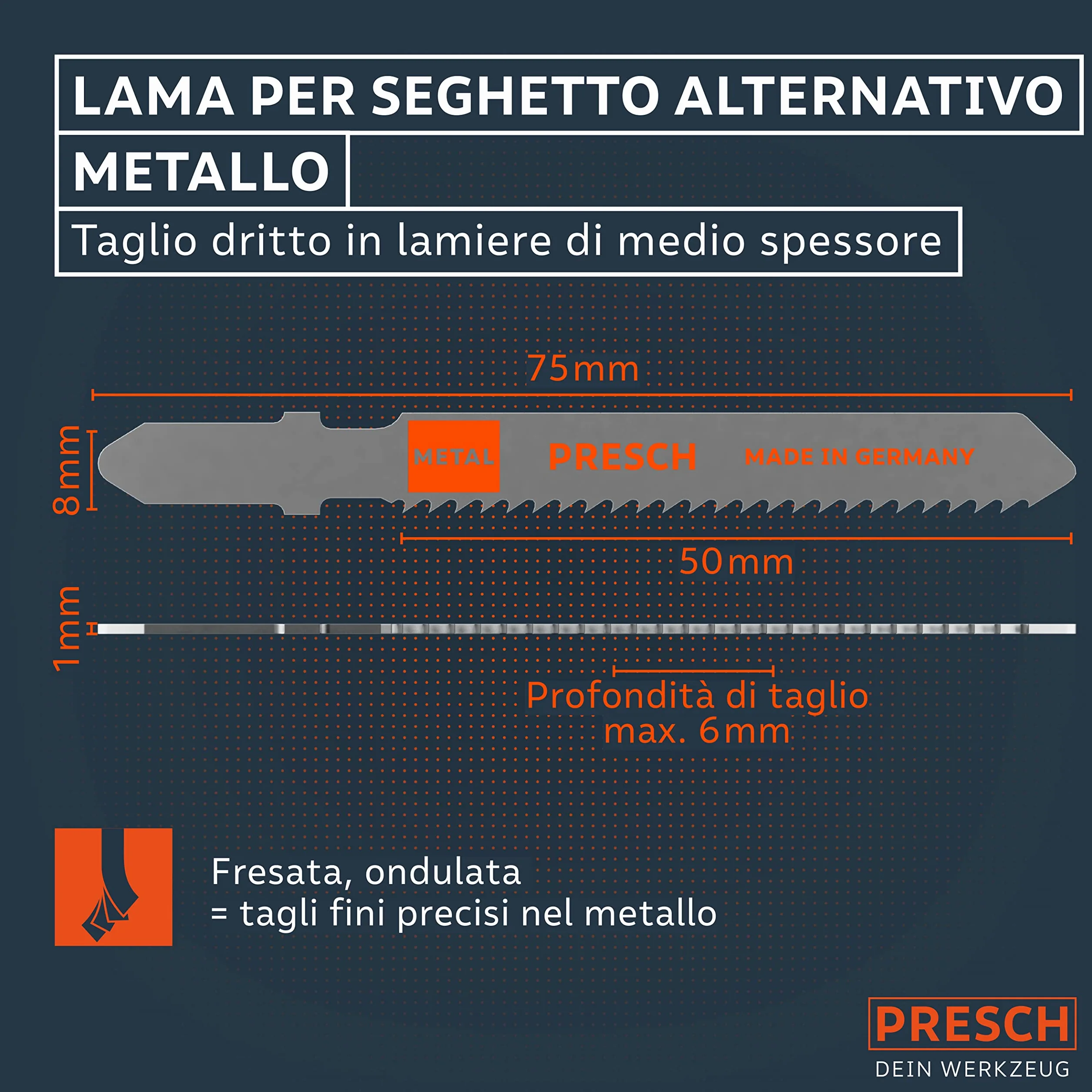 Presch Lame seghetto alternativo Metallo 10 pz. - Tagli precisi in lamiere di medio spessore (2,5-6mm) - Lame per seghe durature con codolo a T per tutti i seghetti alternativi