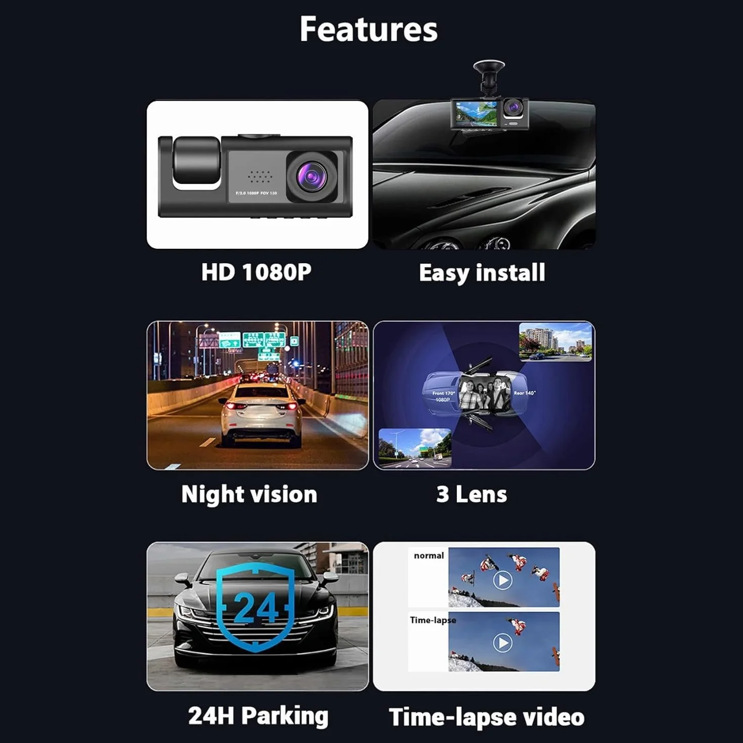 Dash Cam Auto 3 Lenti Full HD 1080P, Tripla Videocamera Frontale + Abitacolo + Posteriore, Visione Notturna, Monitoraggio Parcheggio 24H, Display Integrato, Installazione Facile con Supporto Ventosa