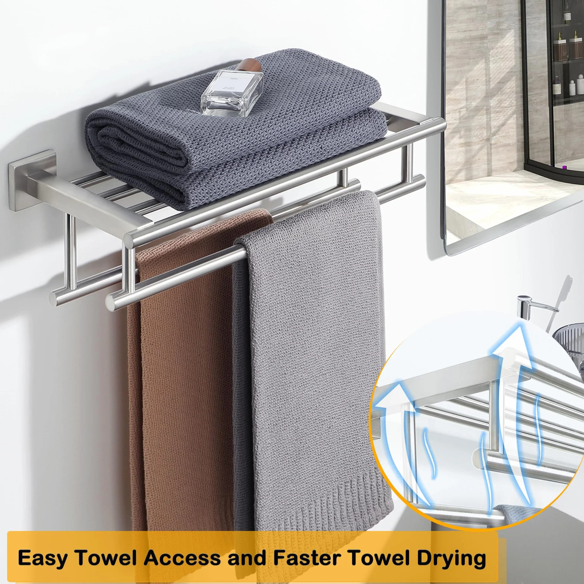 Sayayo Porta Asciugamani Bagno Doppio da Parete 40CM Acciaio Inossidabile SUS304 Grigio Argento