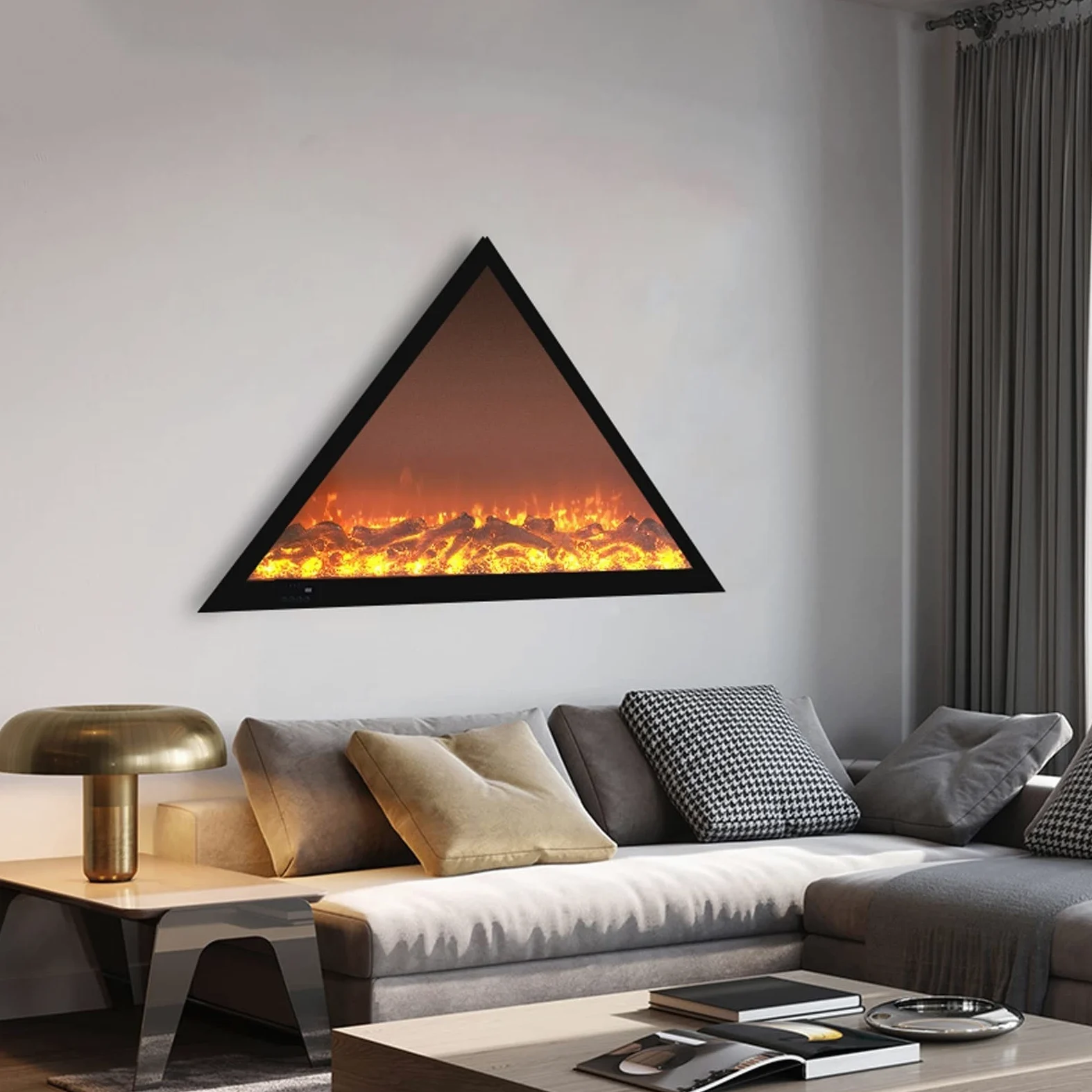 Camino Elettrico Caminetti ad ampio incasso e montato a parete con telecomando, triangolare unico, for la decorazione della camera da letto del soggiorno Camino 3D