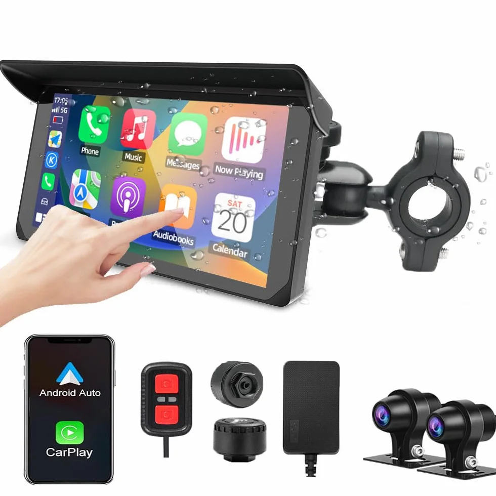 VSYSTO Schermo per moto, CarPlay e Android Auto Senza Fili, 5'' Schermo Carplay Moto con Doppia telecamera 1080P, Impermeabile IP65 Touchscreen con Navigation GPS, Bluetooth, Siri/Assistant, TPMS