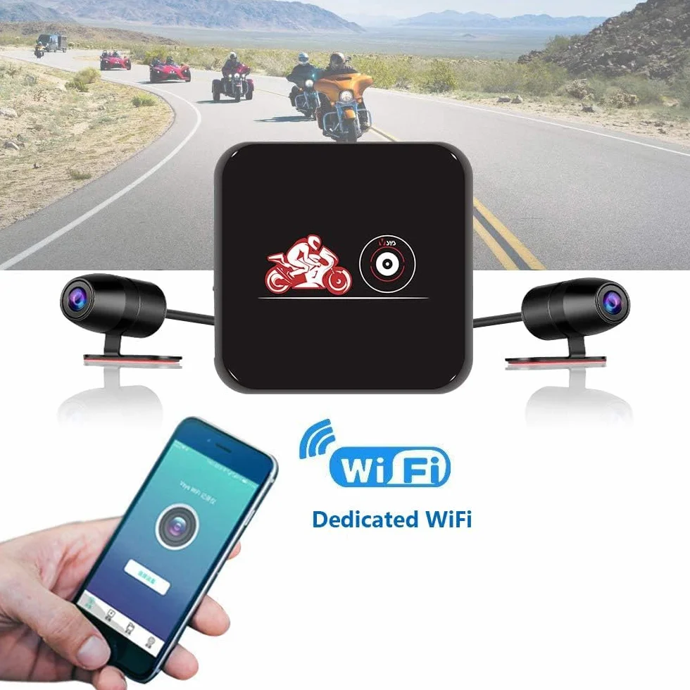 VSYSTO Dash Cam Moto, Fotocamera per Moto Obiettivo Grandangolare 130°, Impermeabile Doppia Anteriore e Posteriore 1080P Videocamera con WiFi, Visione Notturna, Sensore G, Registrazione in loop