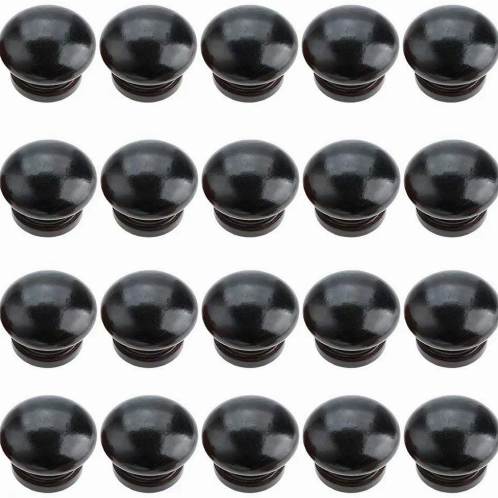 20 pomelli rotondi in legno per mobili, mobili, cassetti, pomelli per cassettiera, forma a fungo, diametro 34 mm, altezza totale 25 mm (nero)