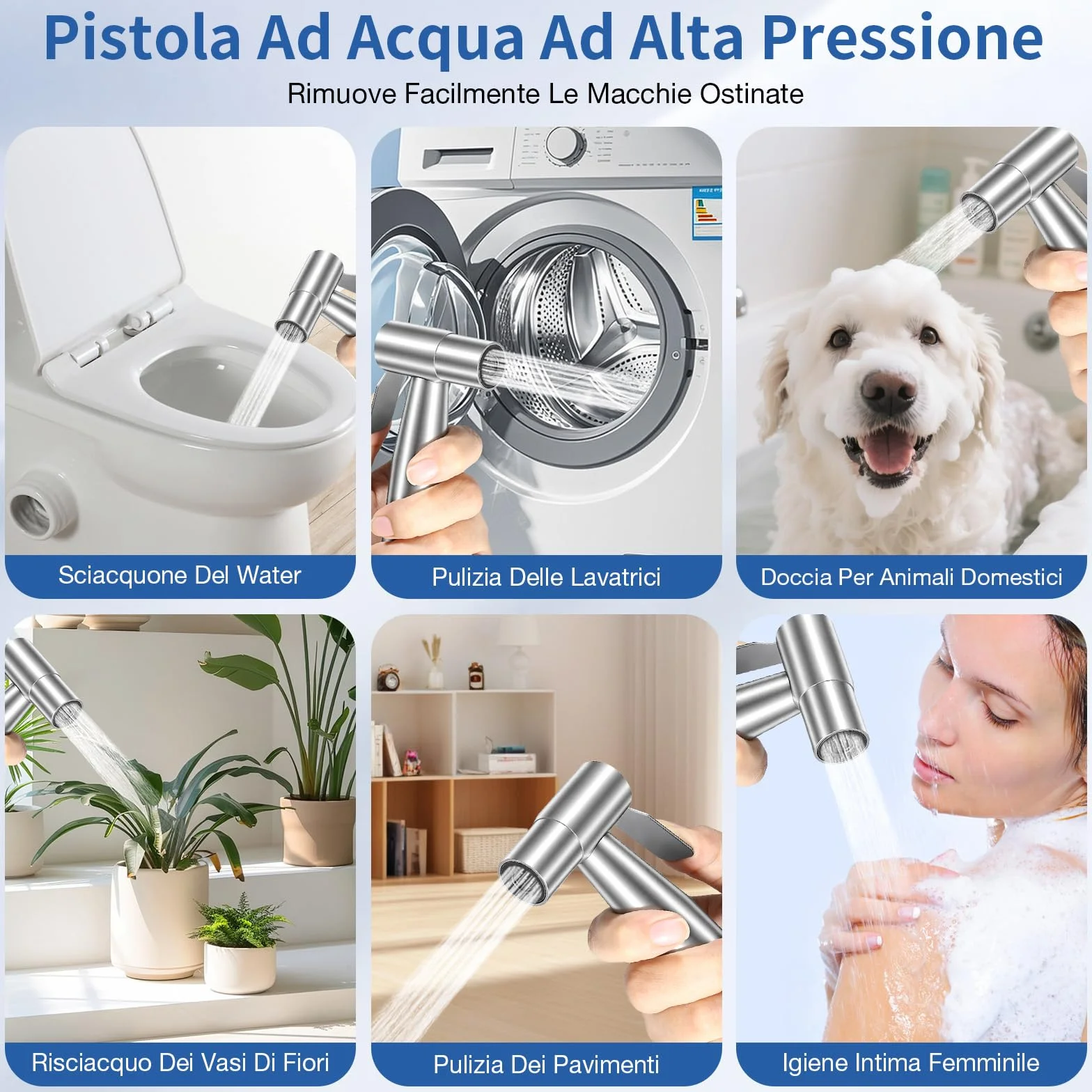 Set Doccetta per Bidet Idroscopino WC Tubo Flessibile 1,5m Supporto Adattatore Argento