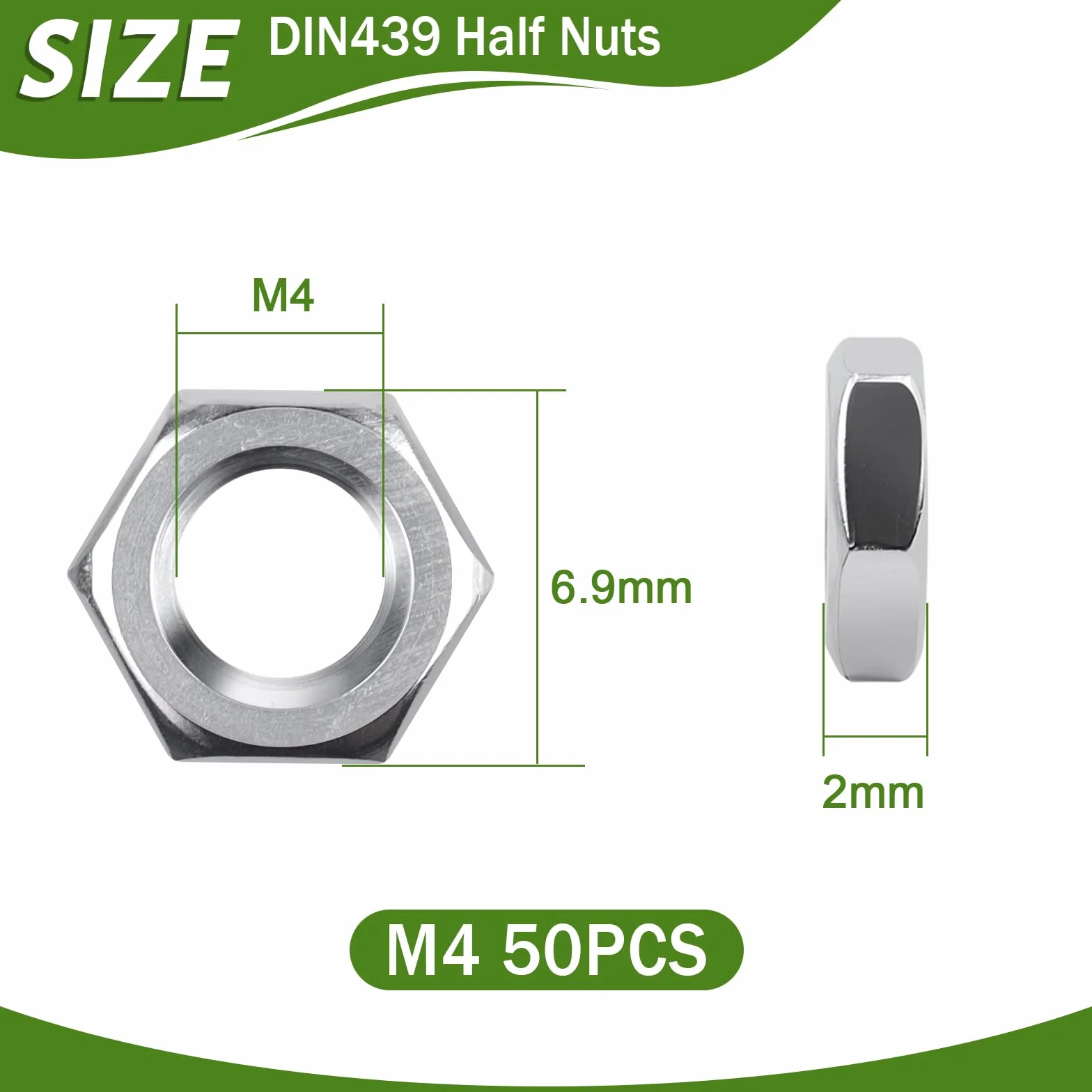 Dadi M4 esagonali in acciaio inox DIN439 A2 V2A forma bassa 50 pezzi