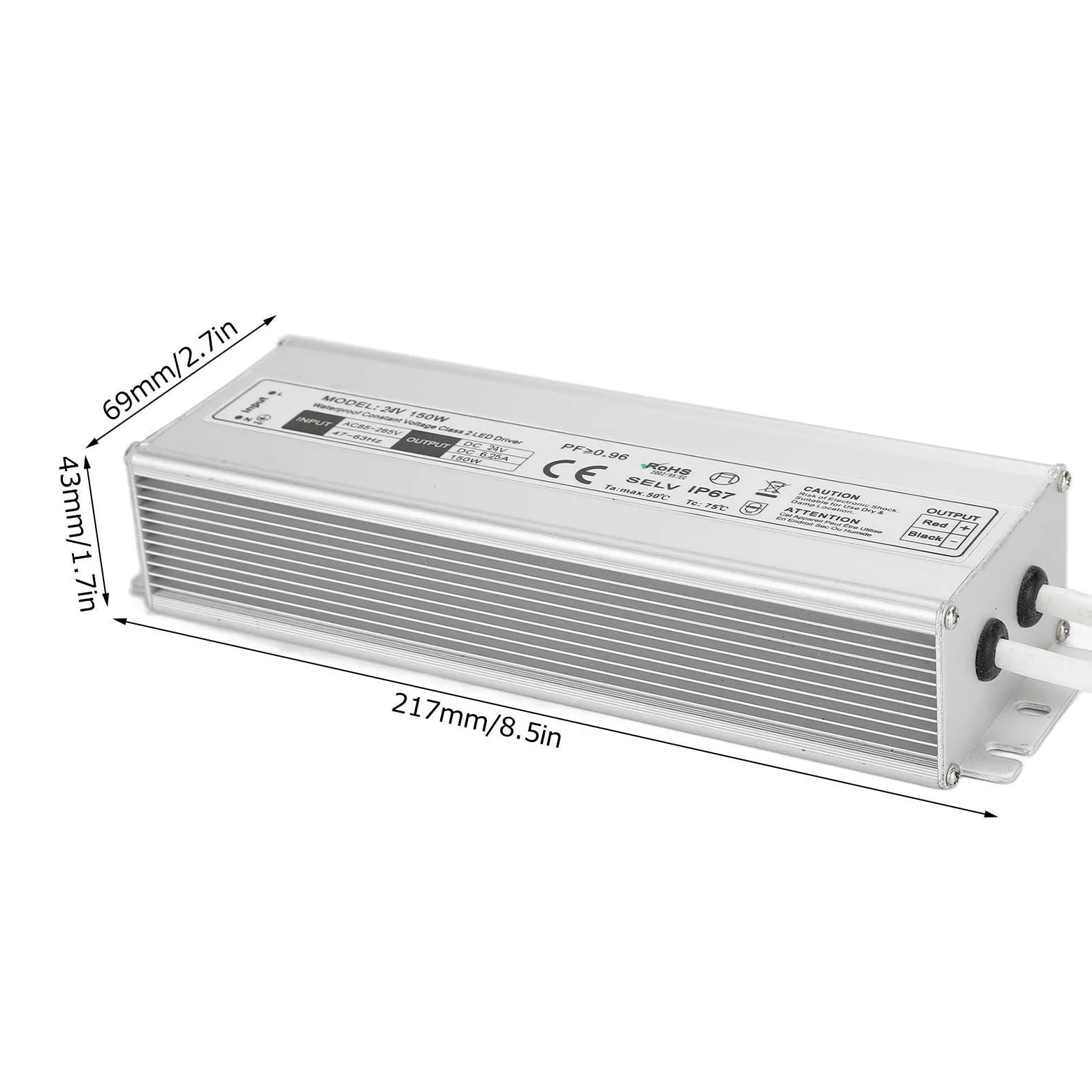 Driver LED 150W 12V/24V Impermeabile IP67 Trasformatore LED Alimentatore LED da 85~265V AC a 12V/24V DC Uscita a bassa tensione per luce LED, Computer Project, Industrial, Luce esterna(Spine UE-24V)