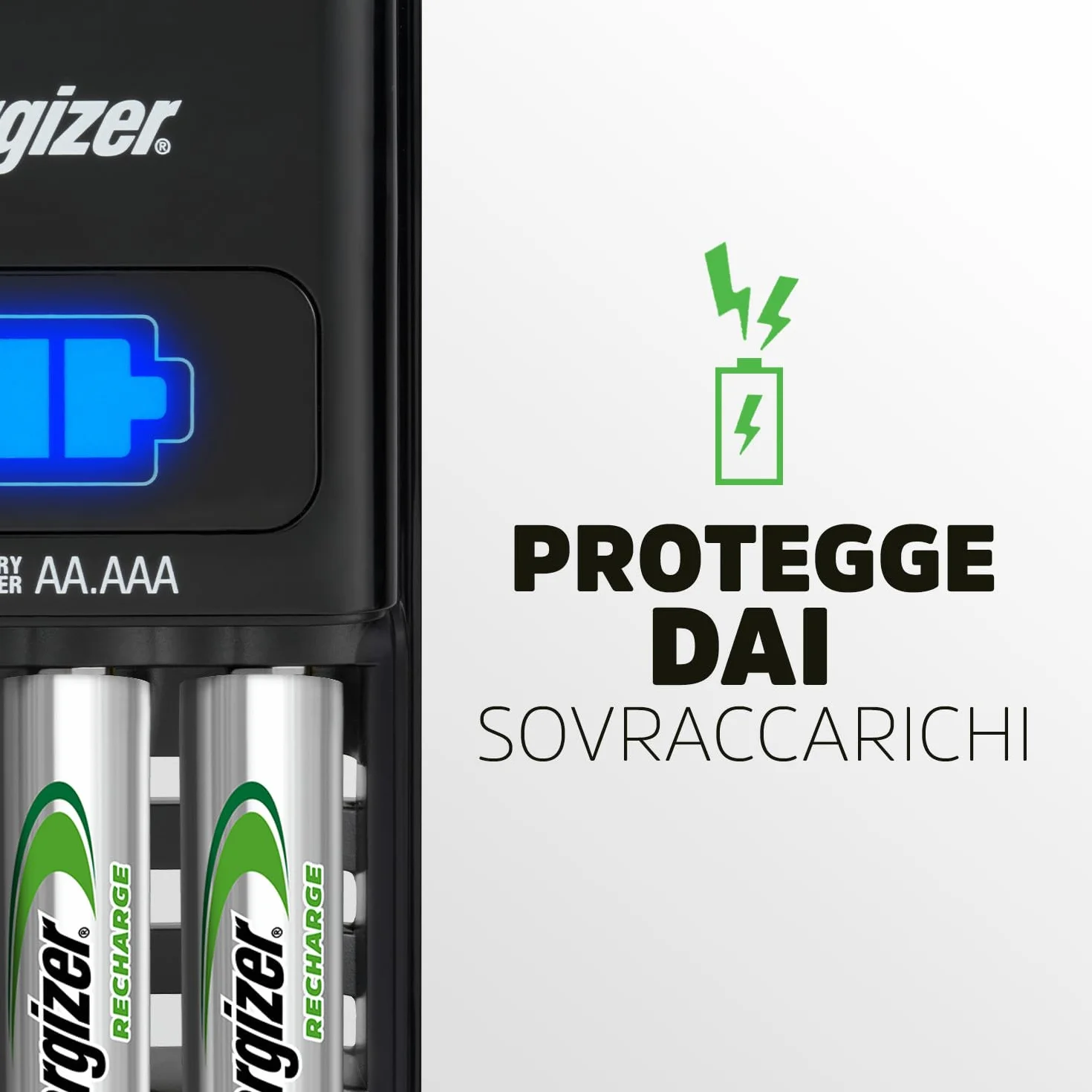 Energizer Carica Batterie Ricaricabili AA e AAA NiMH - Include 4 Pile AA 2300 mAh - la ricarica completa in 1 ore - funzioni di spegnimento di sicurezza automatico