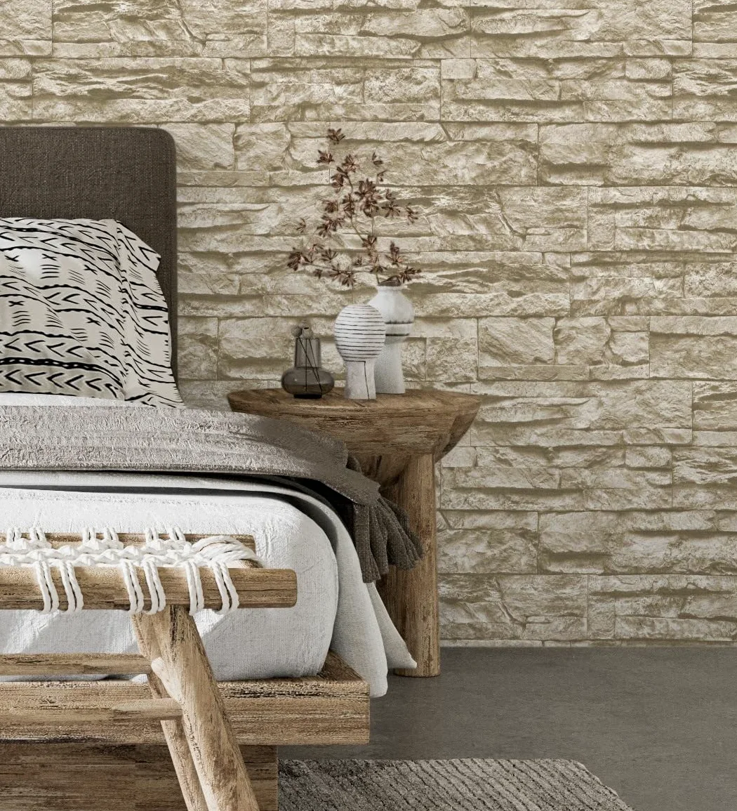 GAULAN 453146 - Carta da parati lavabile in vinile imitazione pietra ardesia beige texture in rilievo 3D per pareti soggiorno cucina bagno sala da pranzo - Rotolo di 10 m x 0,53 m