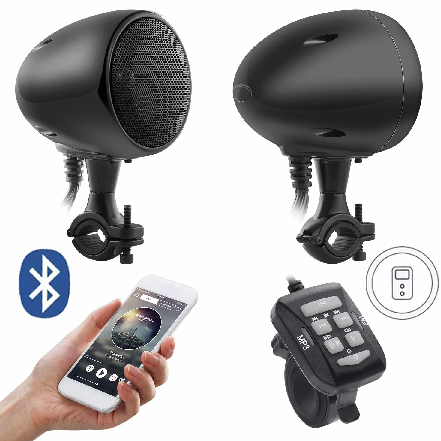 iMESTOU Sistema Audio per Moto 4 Pollici Bluetooth Altoparlanti Stereo Impermeabile 300 W Classe D AUX MP3 Amplificatore Integrato Fit per 1-1.25 Pollici Manubrio Moto ATV UTV