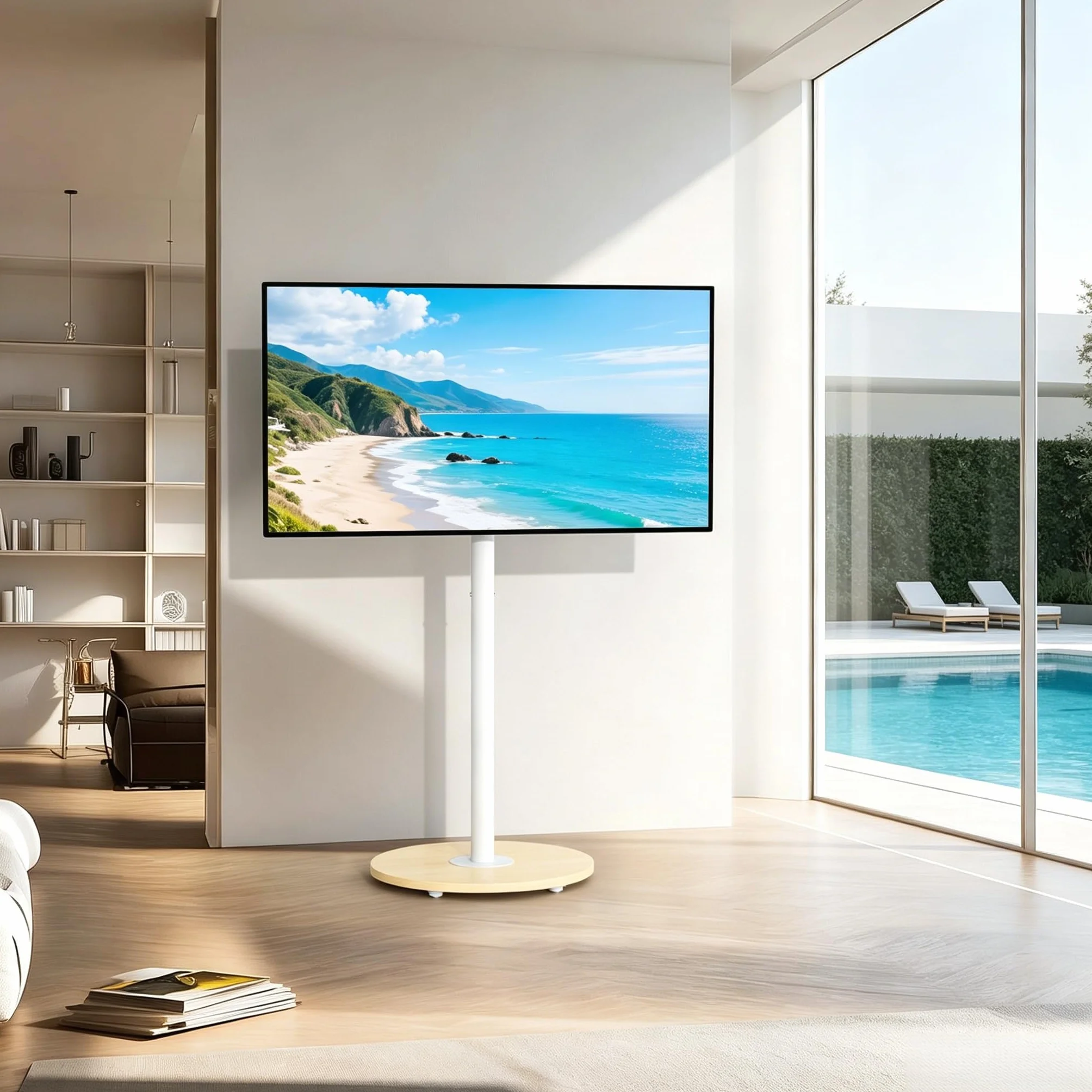 Supporto TV da Pavimento con Ruote Nascoste Legno Base per 40-75 Pollici Peso Max 50kg Max VESA 600x400mm, Regolabile in Altezza, Bianco